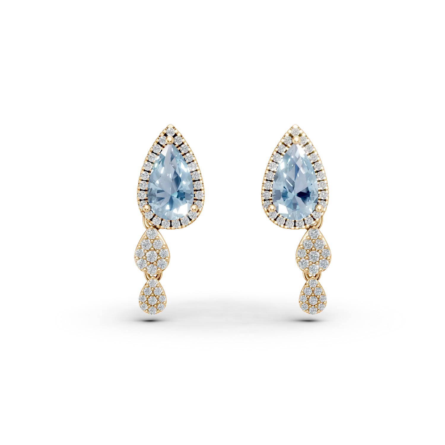 Cercei geometrici din aur galben cu topaze albastre pear de 3ct si diamante round de 0.6ct