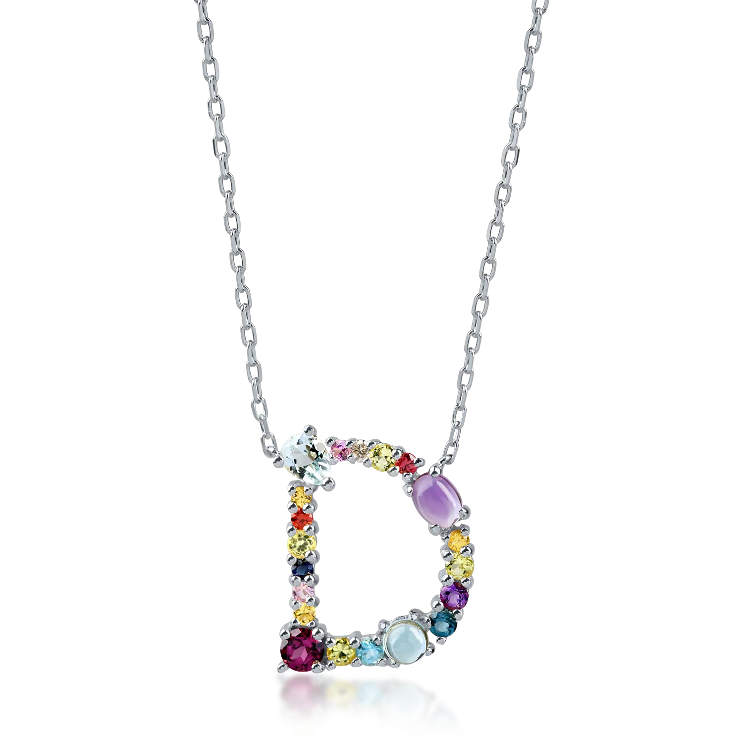 White gold initial D pendant necklace with 1.2ct precious and semi-precious stones-194083