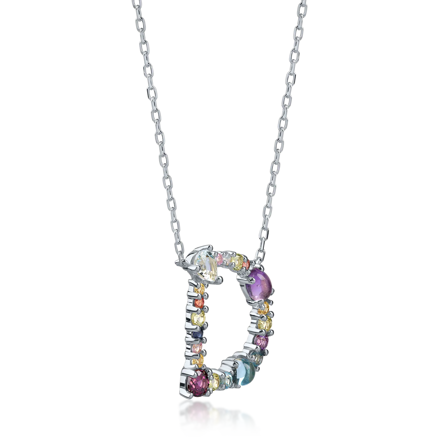 White gold initial D pendant necklace with 1.2ct precious and semi-precious stones