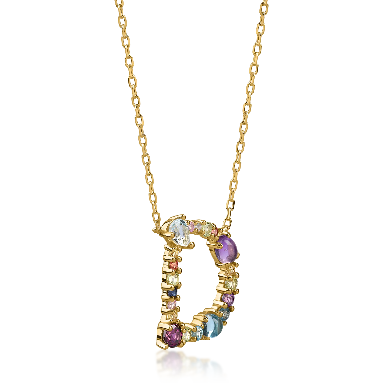Yellow gold initial D pendant necklace with 1.2ct precious and semi-precious stones