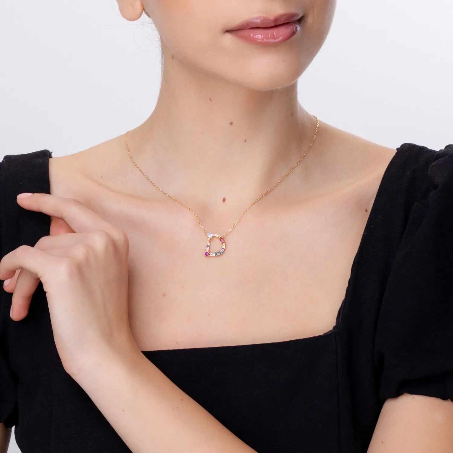 Lant cu pandantiv initiala D din aur galben cu pietre pretioase si semipretioase de 1.2ct