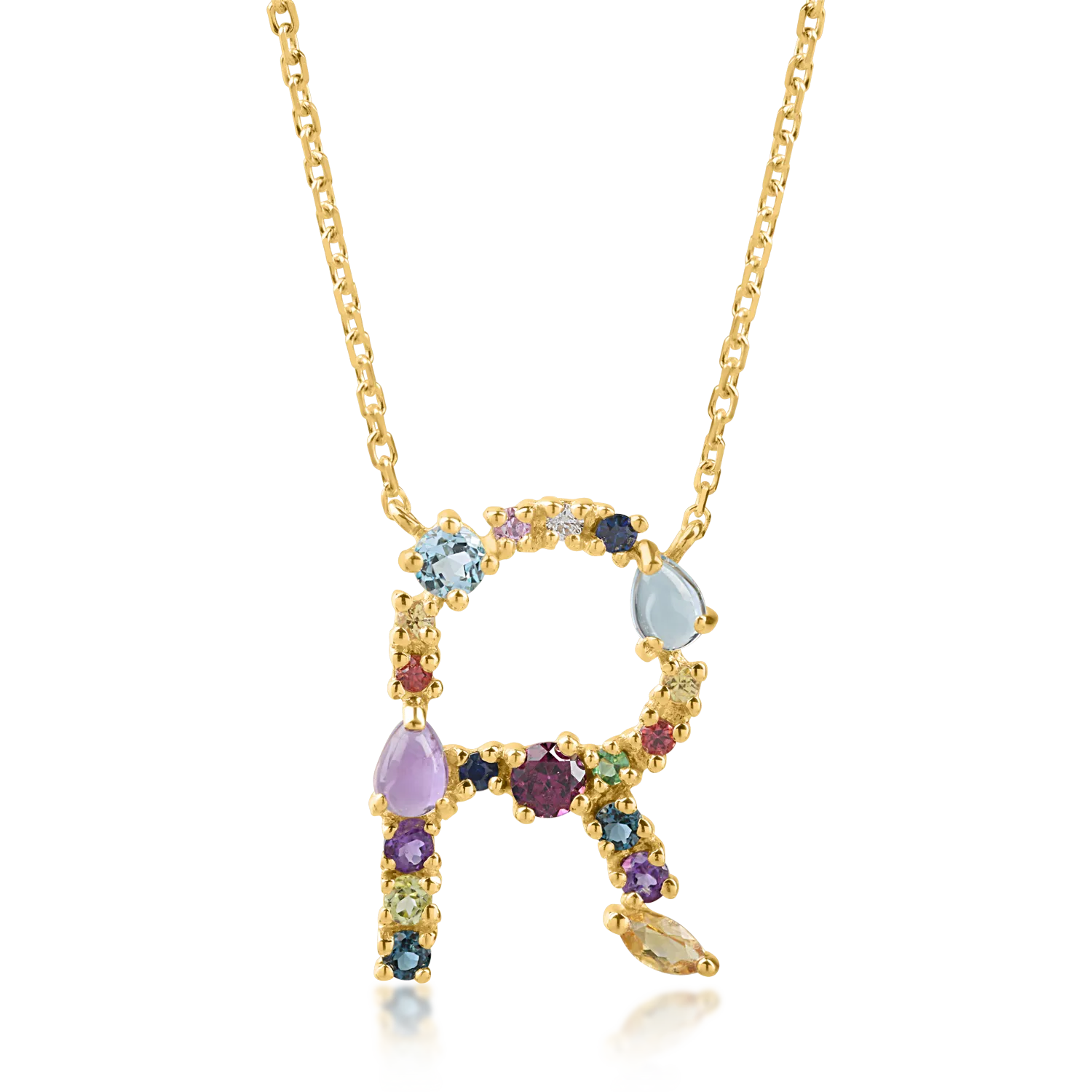 Yellow gold initial R pendant necklace with 1.2ct precious and semi-precious stones-194089
