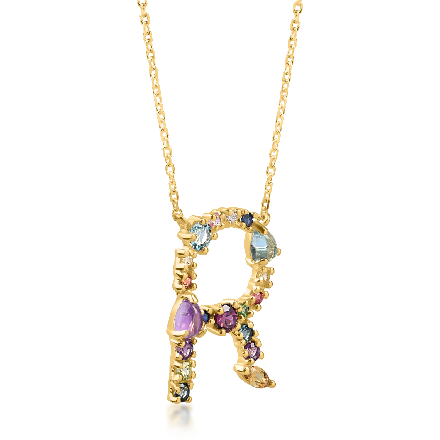 Yellow gold initial R pendant necklace with 1.2ct precious and semi-precious stones
