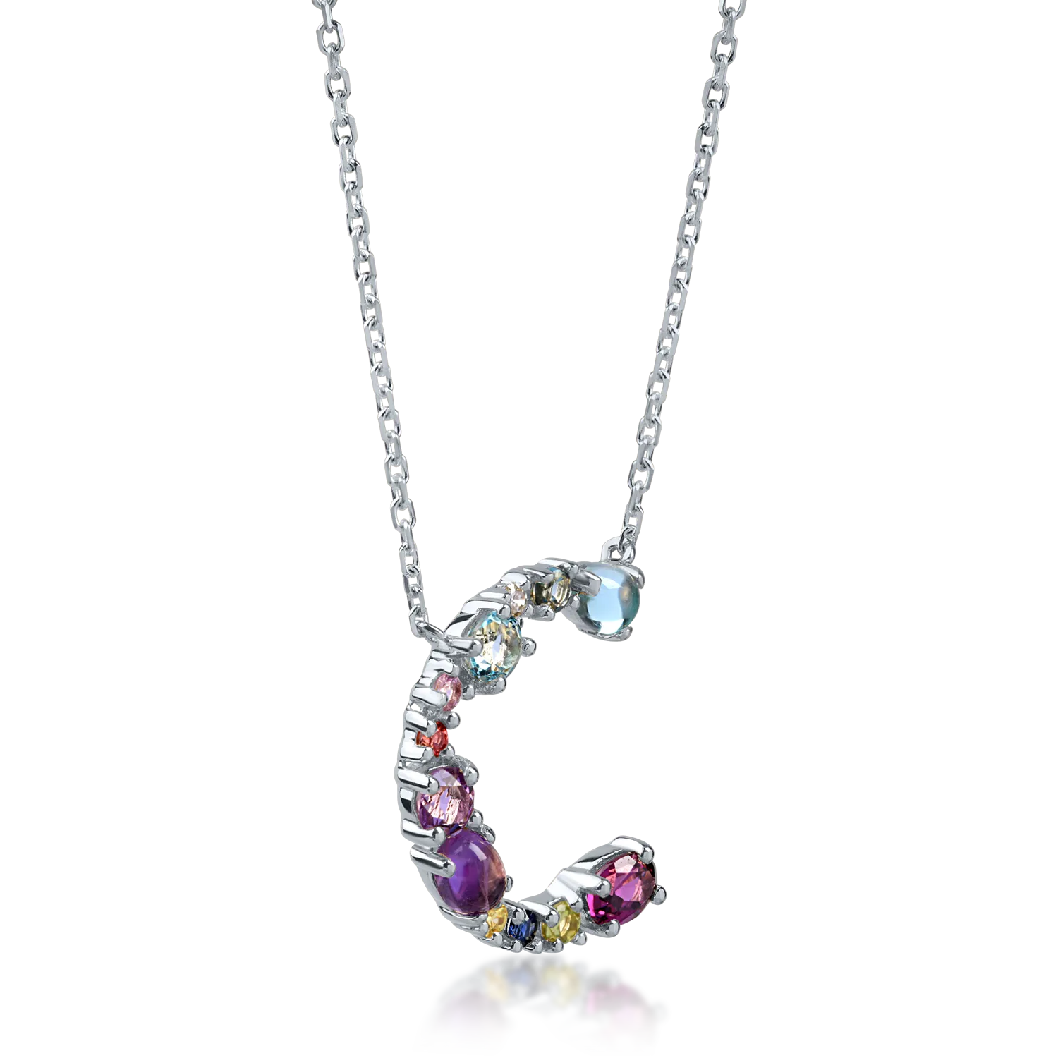 White gold initial C pendant necklace with 1.1ct precious and semi-precious stones