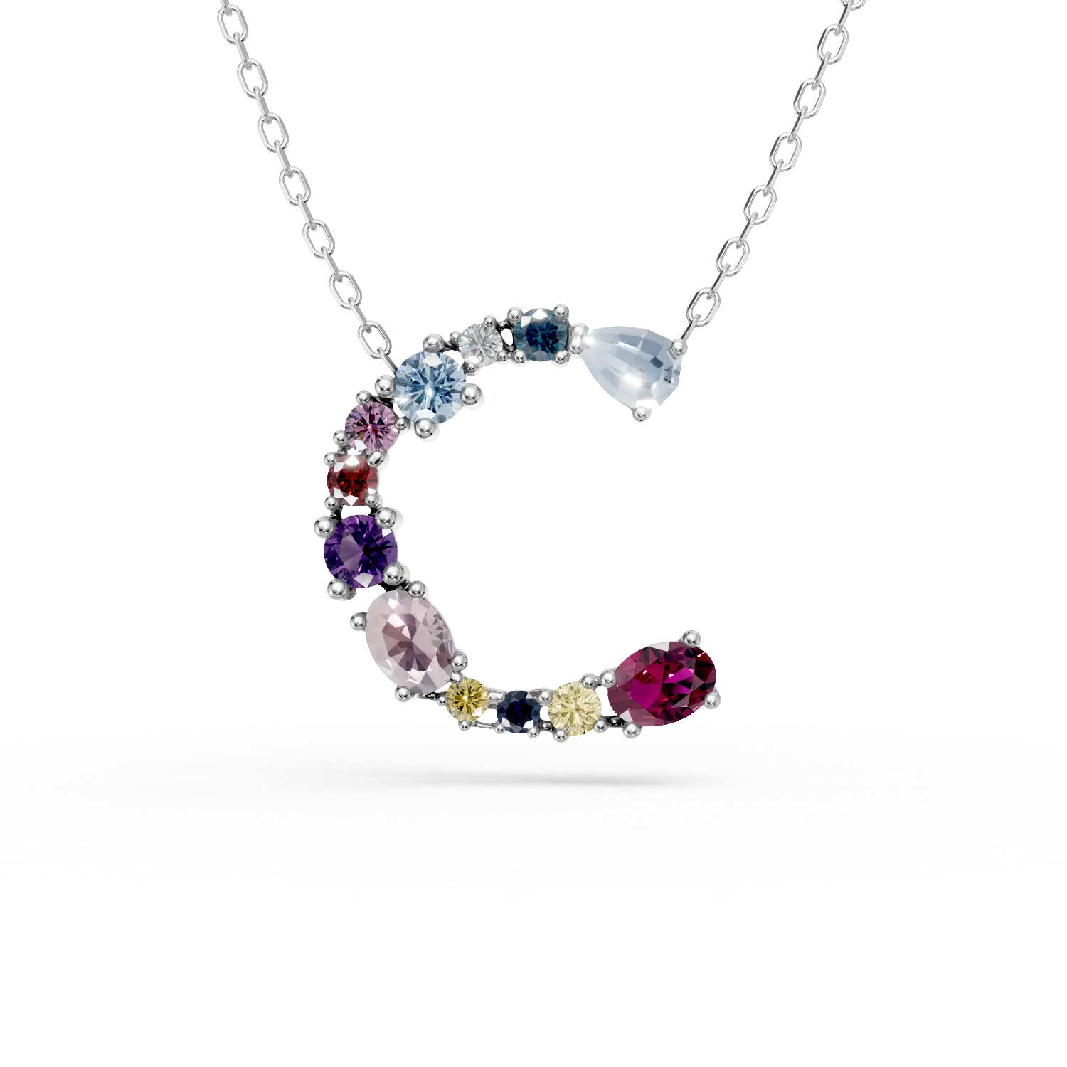 Lant cu pandantiv initiala C din aur alb cu pietre pretioase si semipretioase de 1.1ct-194095