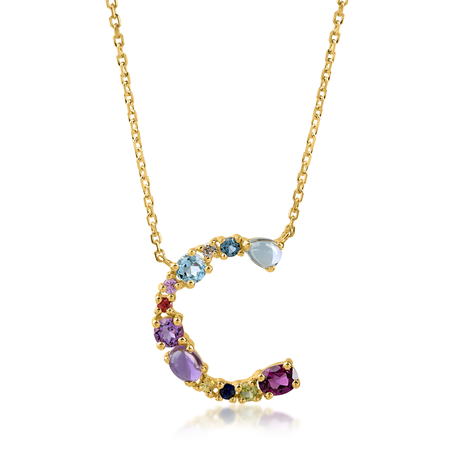 Yellow gold initial C pendant necklace with 1.1ct precious and semi-precious stones-194094