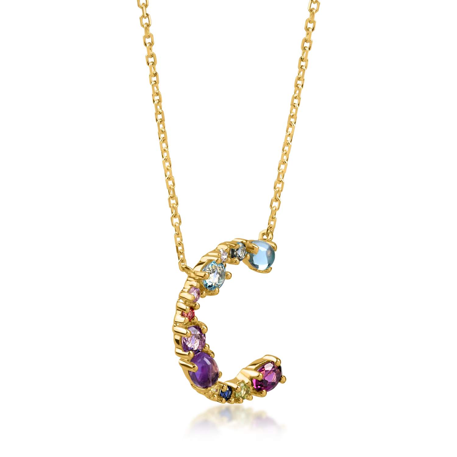 Yellow gold initial C pendant necklace with 1.1ct precious and semi-precious stones