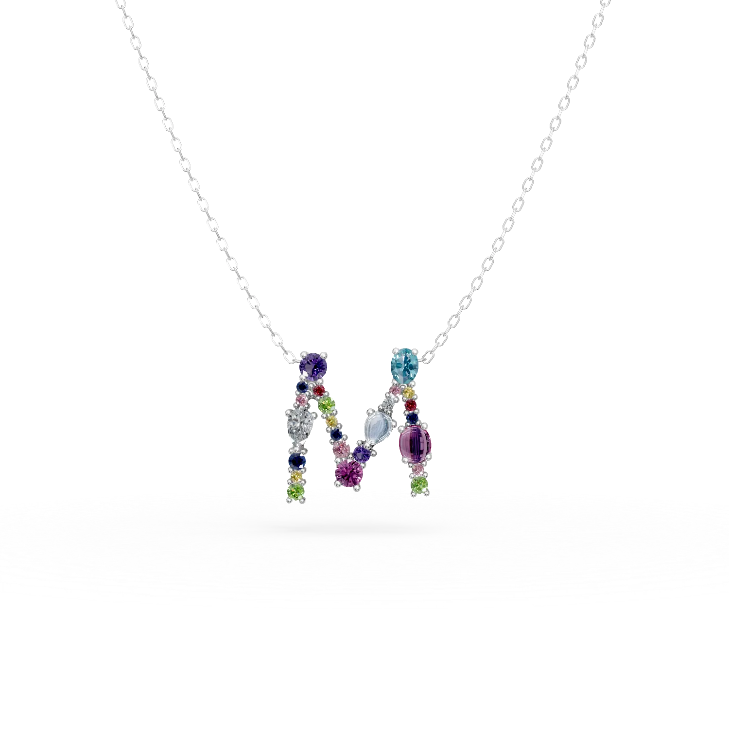 Lant cu pandantiv initiala M din aur alb cu pietre pretioase si semipretioase de 1.6ct