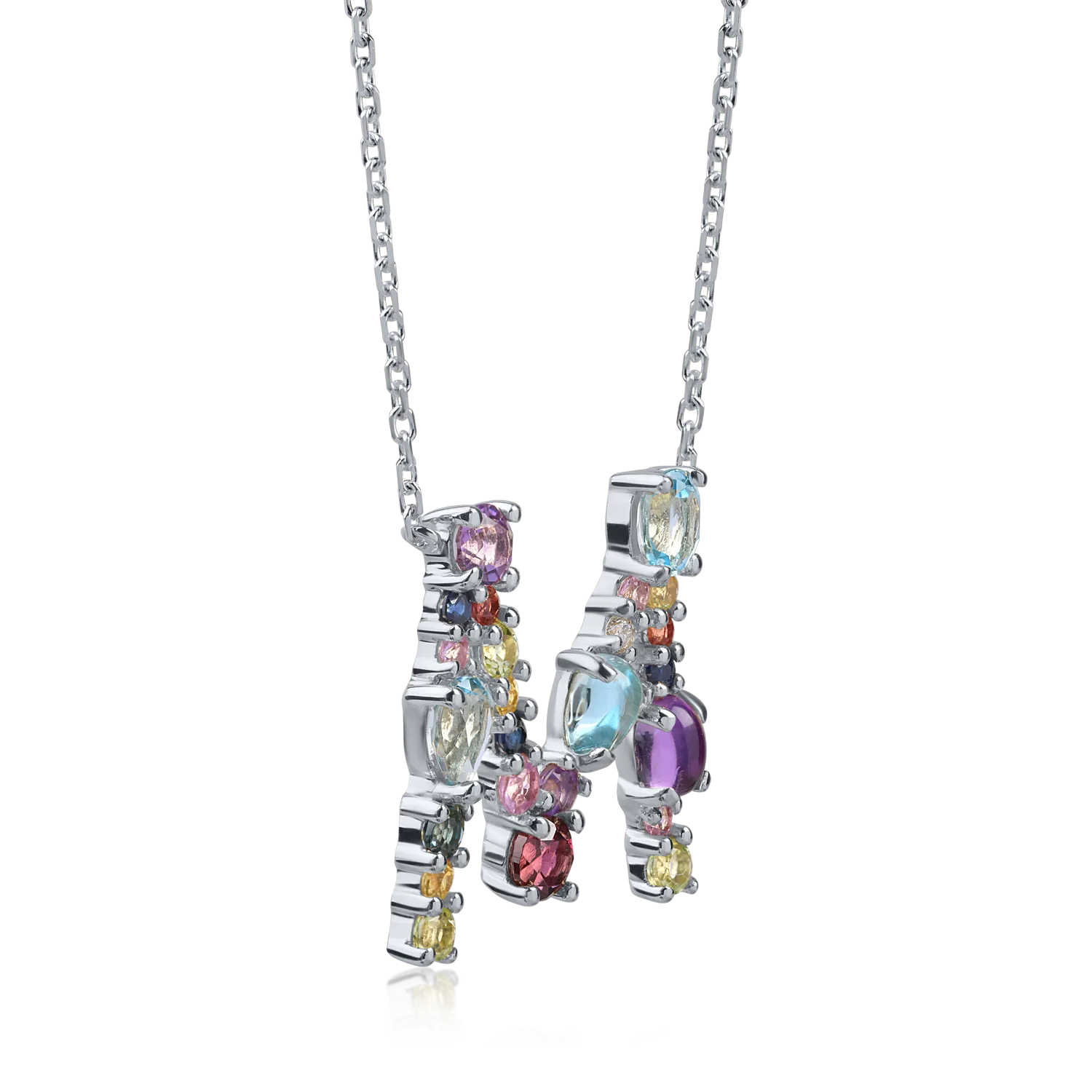 White gold initial M pendant necklace with 1.6ct precious and semi-precious stones