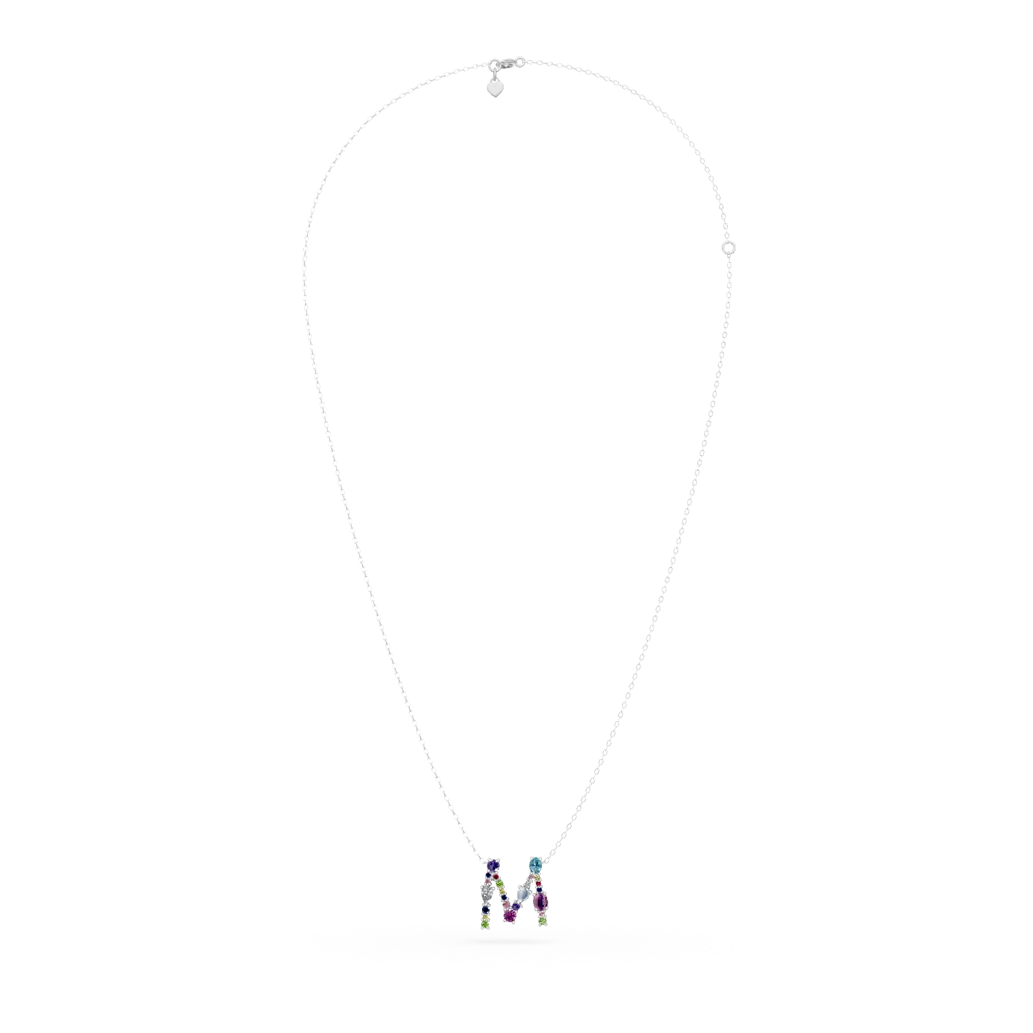 Fehérarany nyaklánc M kezdőbetűs medállal 1.6ct drágakövekkel és féldrágakövekkel