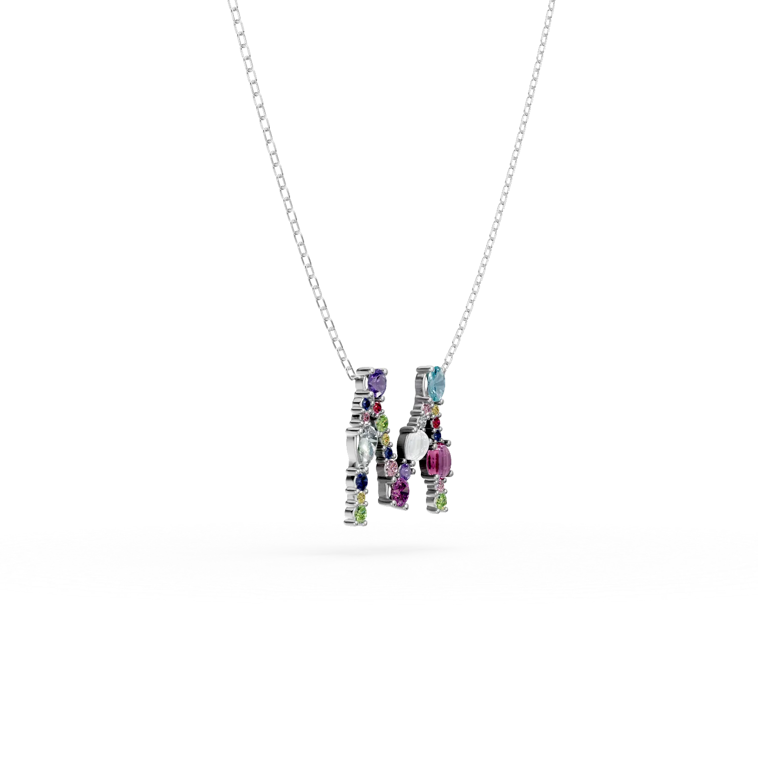 Fehérarany nyaklánc M kezdőbetűs medállal 1.6ct drágakövekkel és féldrágakövekkel