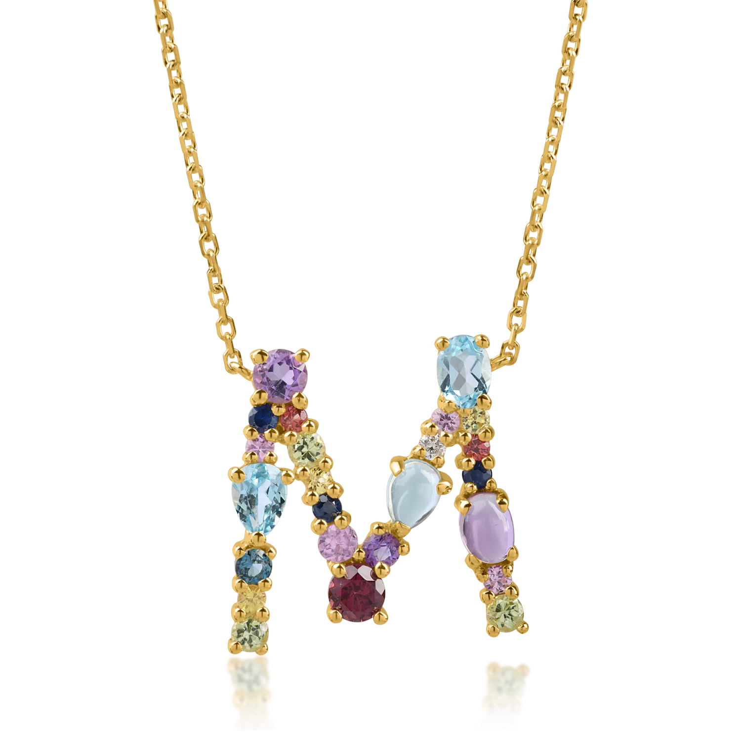 Yellow gold initial M pendant necklace with 1.6ct precious and semi-precious stones-194101