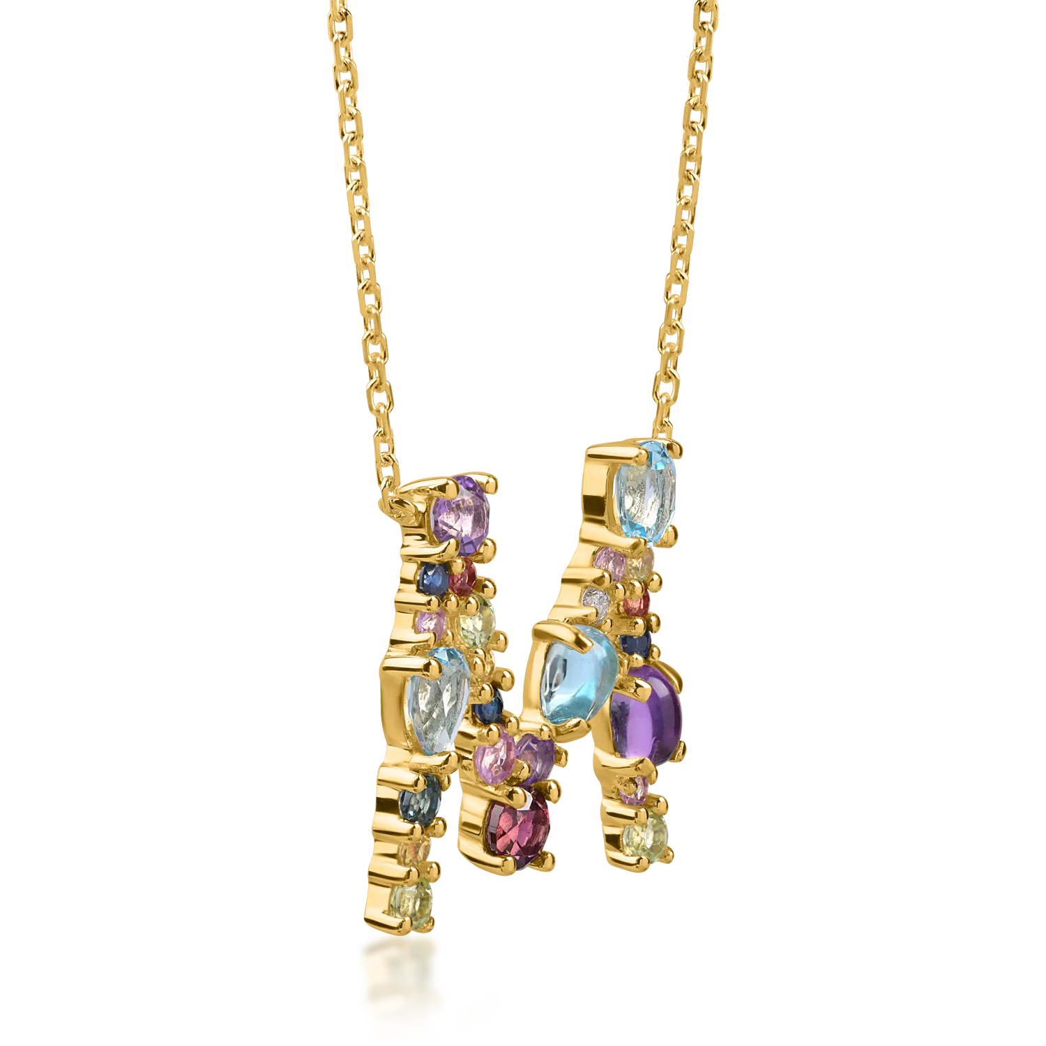 Yellow gold initial M pendant necklace with 1.6ct precious and semi-precious stones