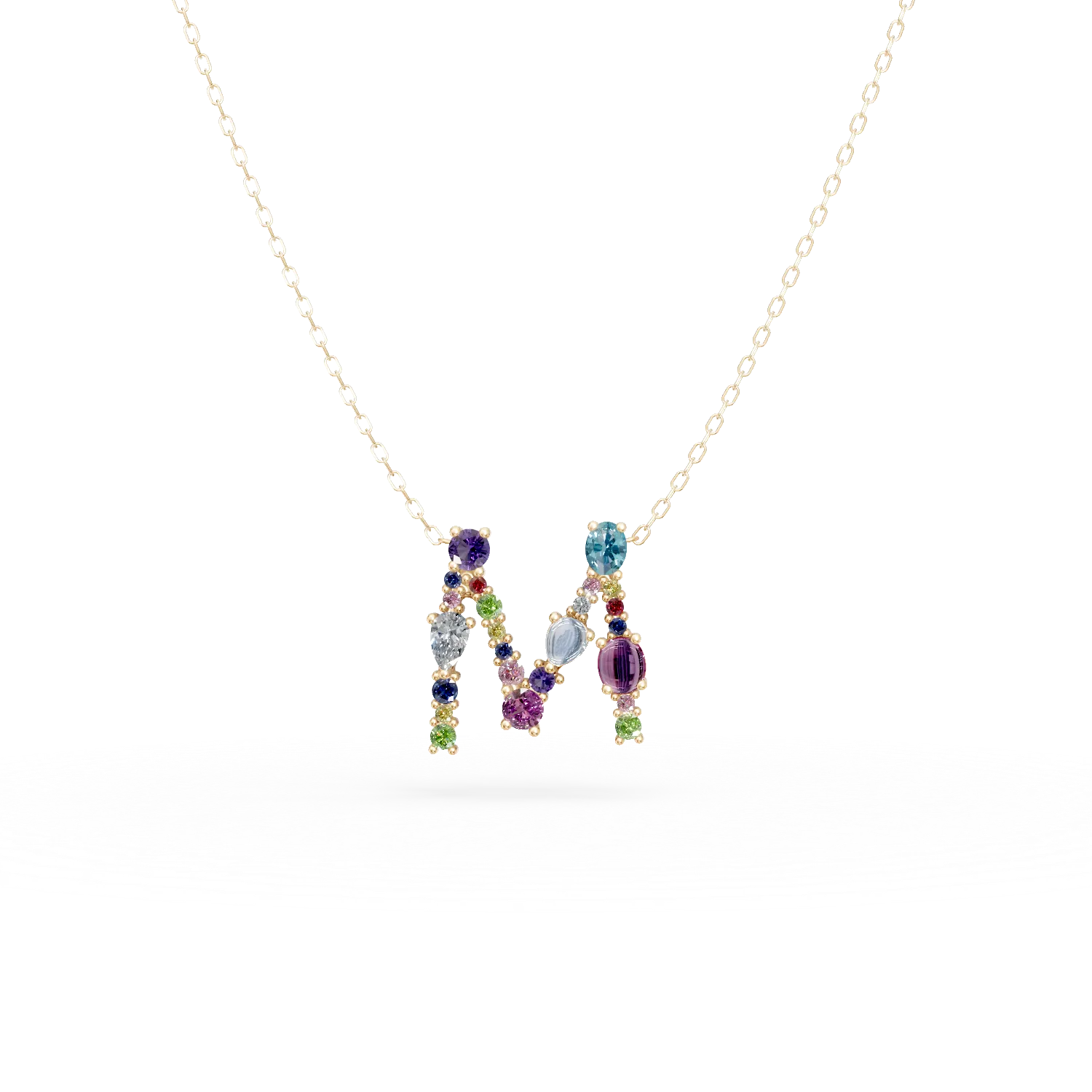 Yellow gold initial M pendant necklace with 1.6ct precious and semi-precious stones-194101