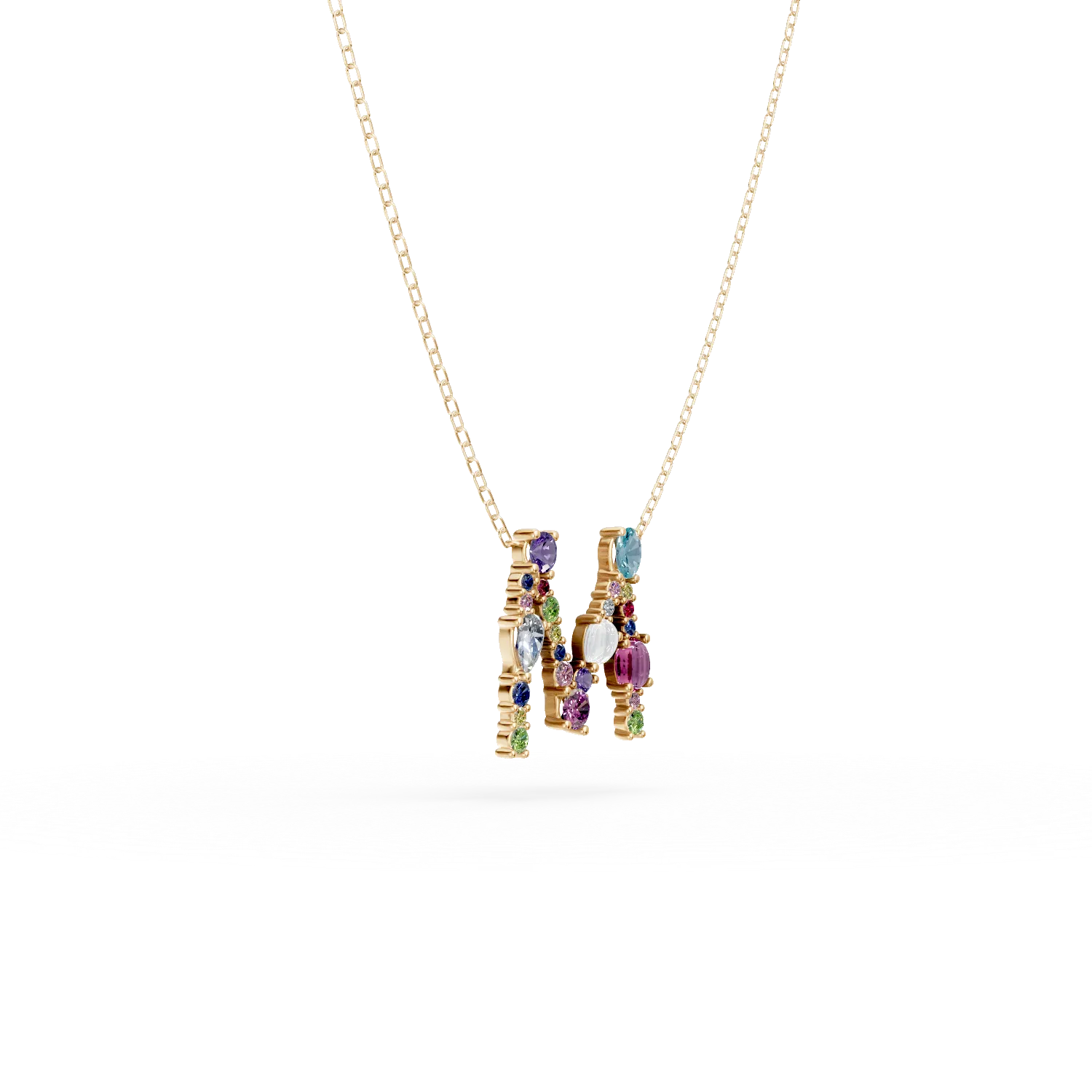 Lant cu pandantiv initiala M din aur galben cu pietre pretioase si semipretioase de 1.6ct
