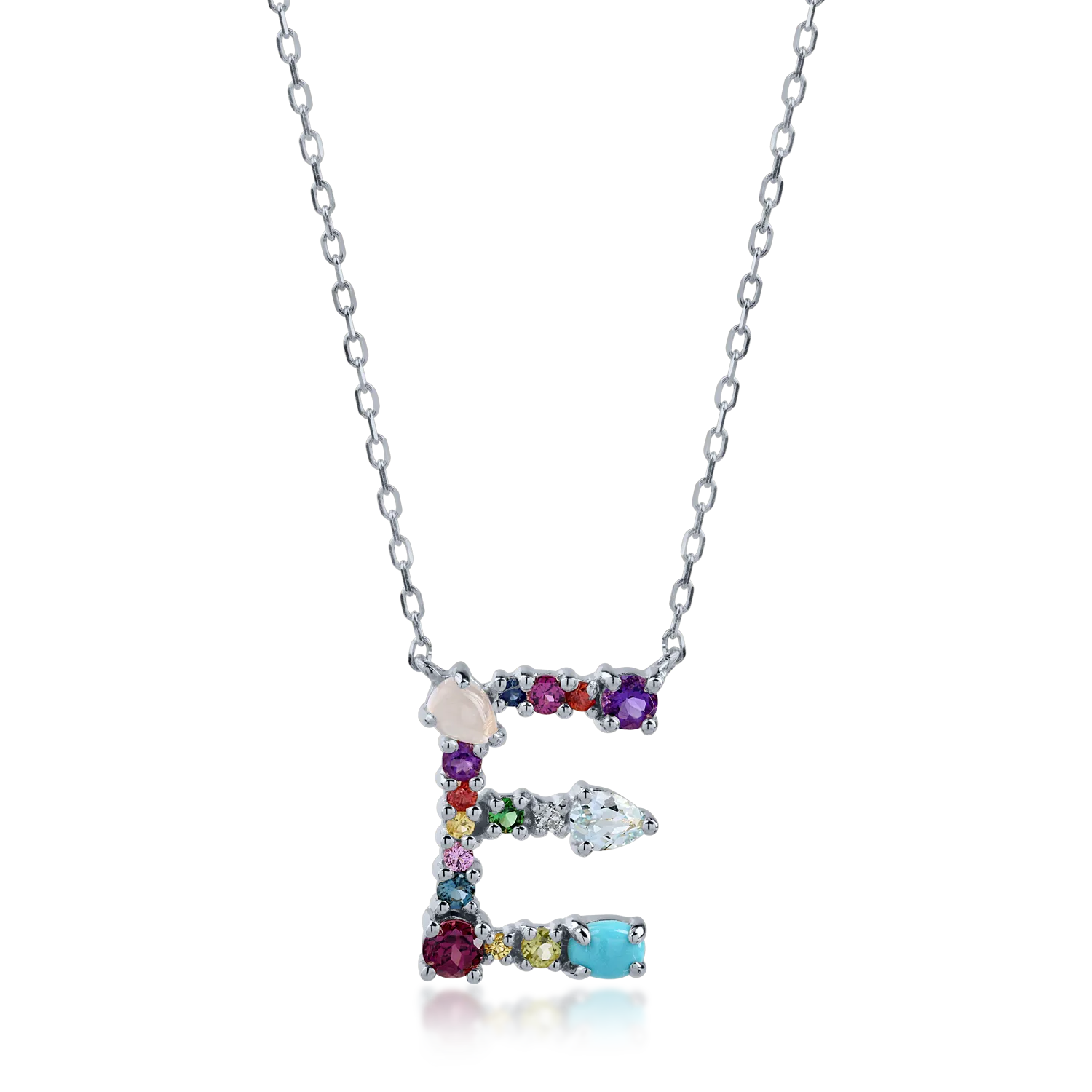 White gold initial E pendant necklace with 1.1ct precious and semi-precious stones-194103