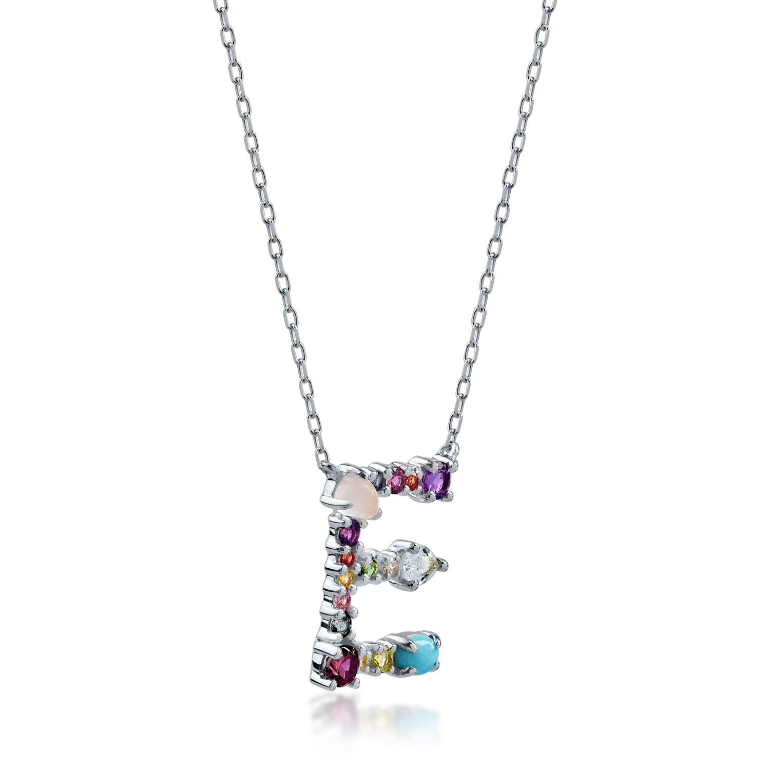 White gold initial E pendant necklace with 1.1ct precious and semi-precious stones