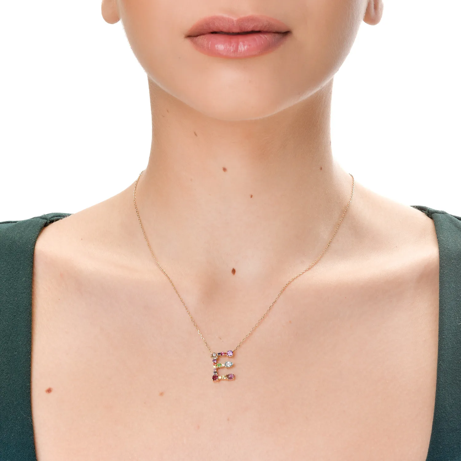 White gold initial E pendant necklace with 1.29ct precious and semi-precious stones
