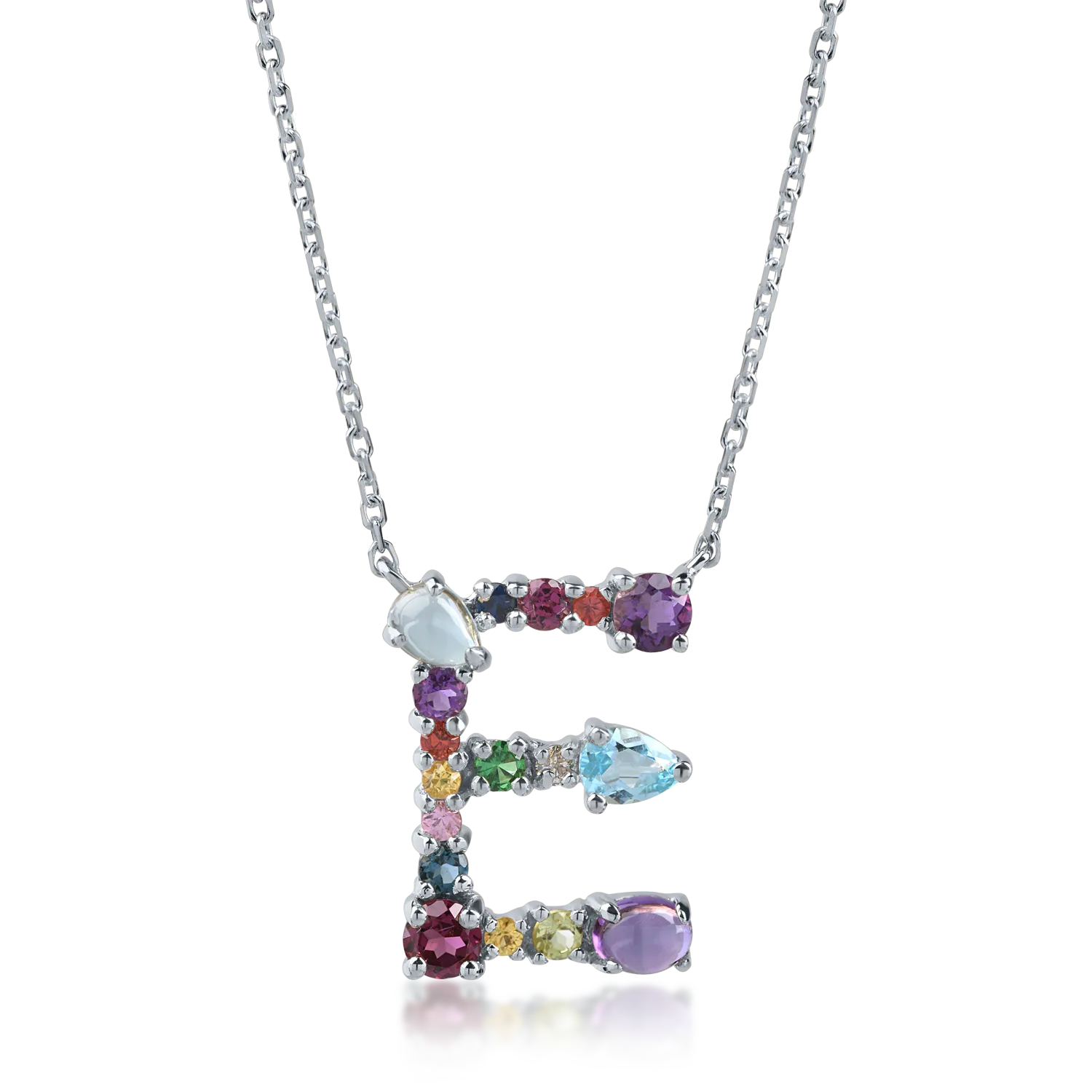 White gold initial E pendant necklace with 1.2ct precious and semi-precious stones-194108