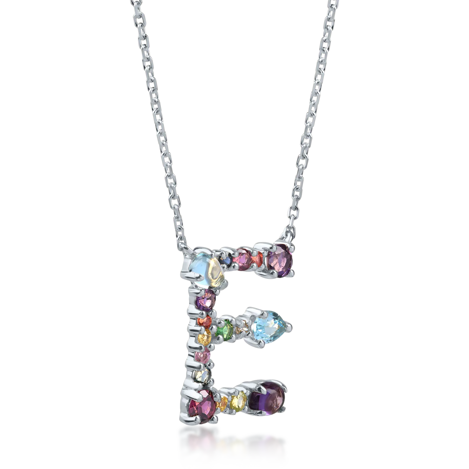 White gold initial E pendant necklace with 1.2ct precious and semi-precious stones