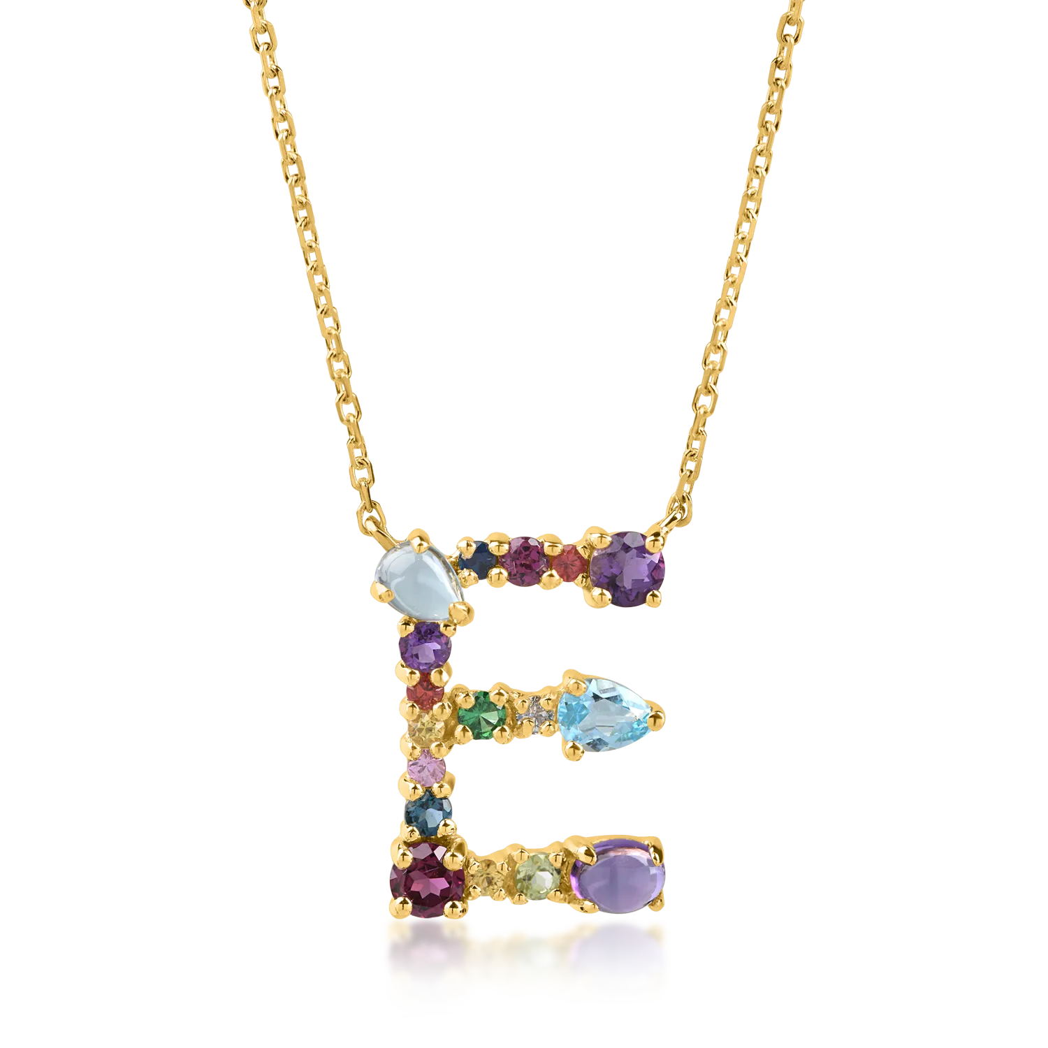 Yellow gold initial E pendant necklace with 1.2ct precious and semi-precious stones-194109