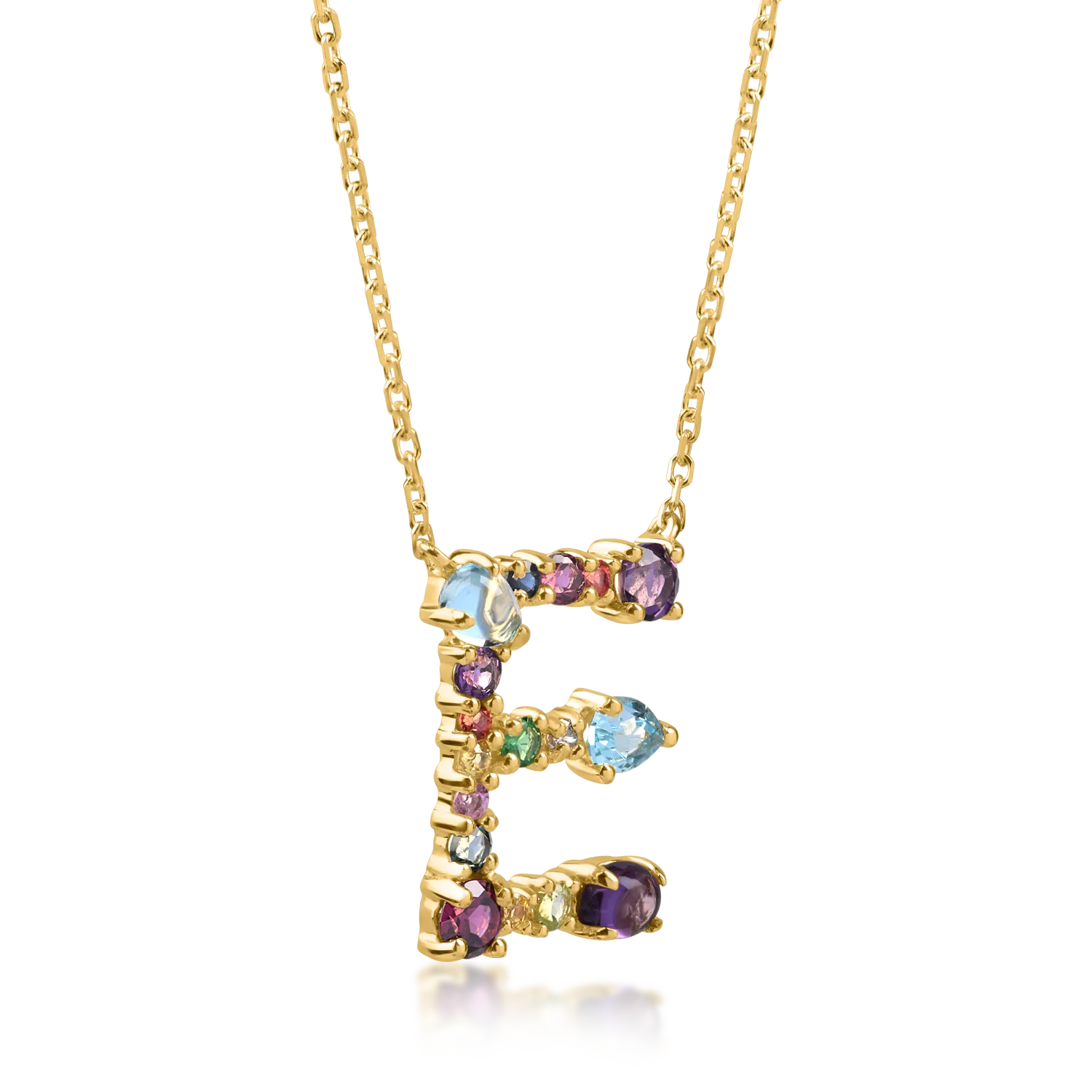 Yellow gold initial E pendant necklace with 1.2ct precious and semi-precious stones