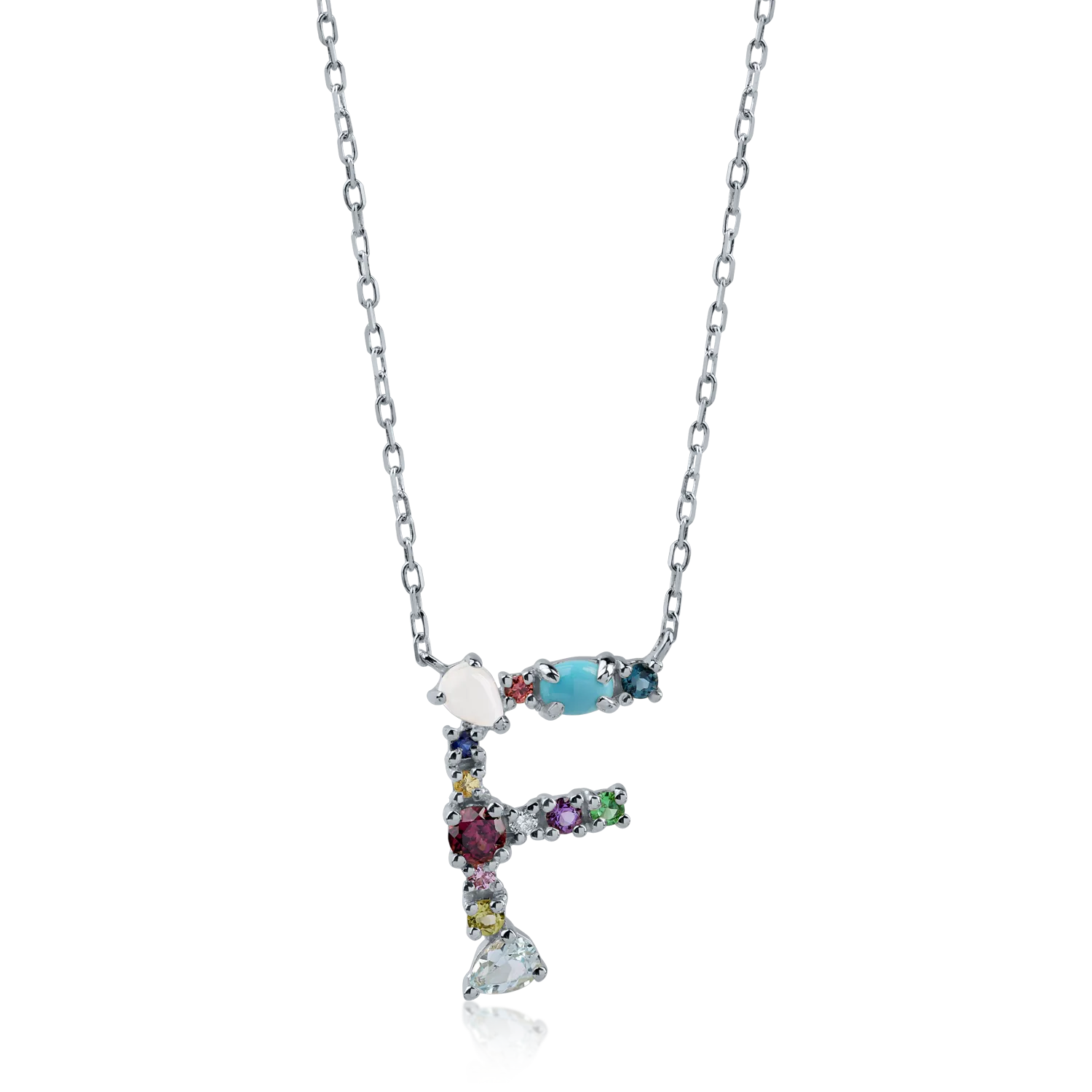 White gold initial F pendant necklace with 1.02ct precious and semi-precious stones-194112