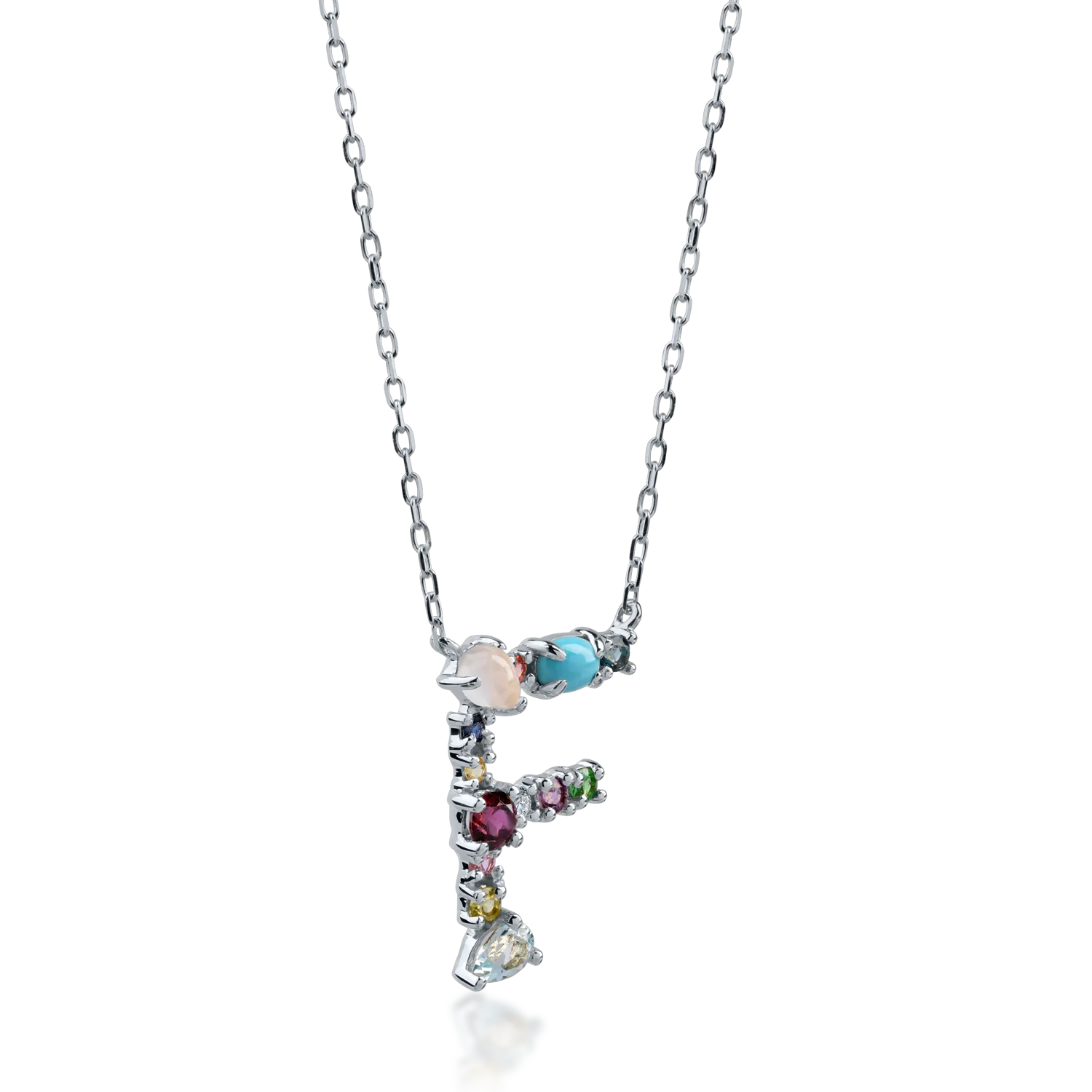 White gold initial F pendant necklace with 1.02ct precious and semi-precious stones
