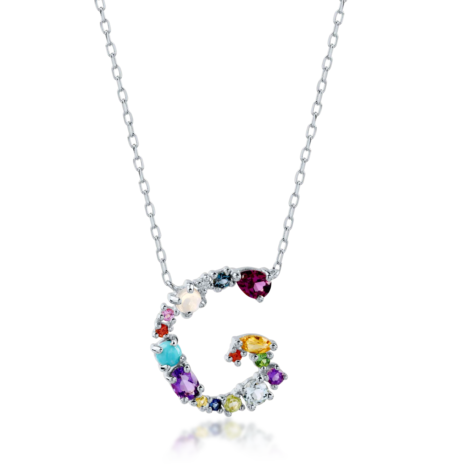White gold initial G pendant necklace with 1.1ct precious and semi-precious stones-194113