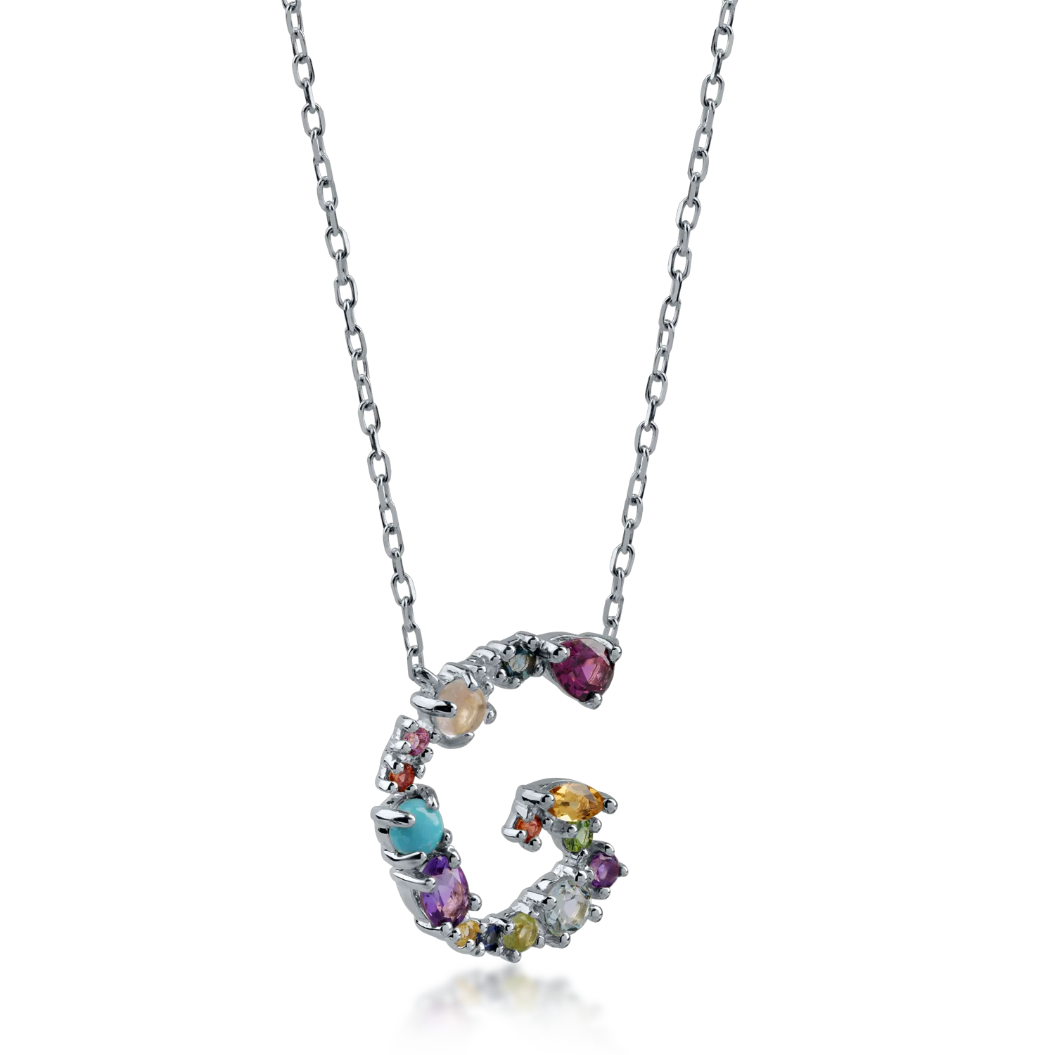 White gold initial G pendant necklace with 1.1ct precious and semi-precious stones