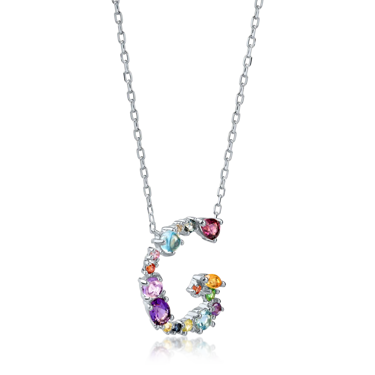White gold initial G pendant necklace with 1.2ct precious and semi-precious stones