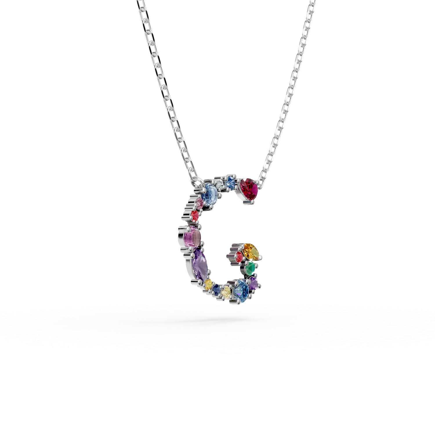 Lant cu pandantiv initiala G din aur alb cu pietre pretioase si semipretioase de 1.2ct