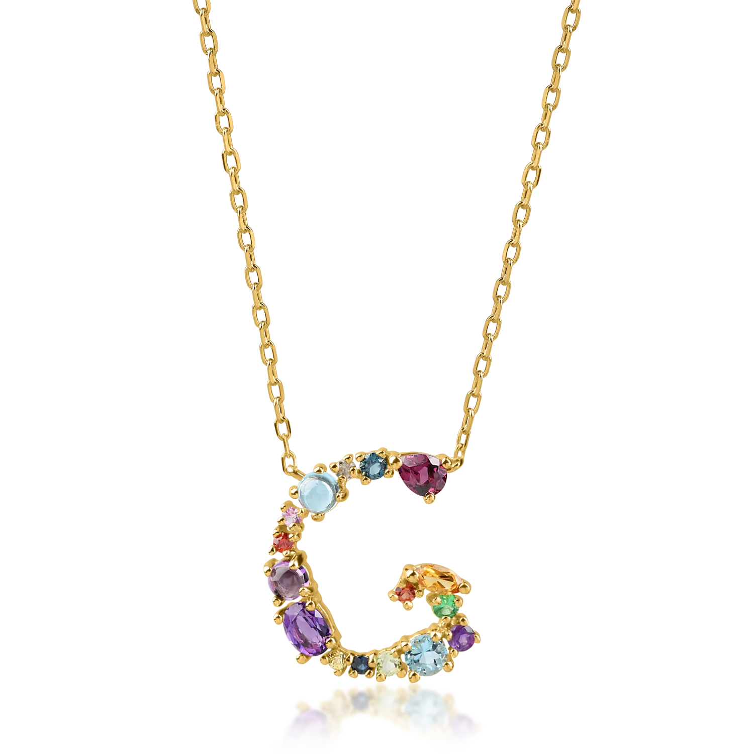 Yellow gold initial G pendant necklace with 1.2ct precious and semi-precious stones-194116