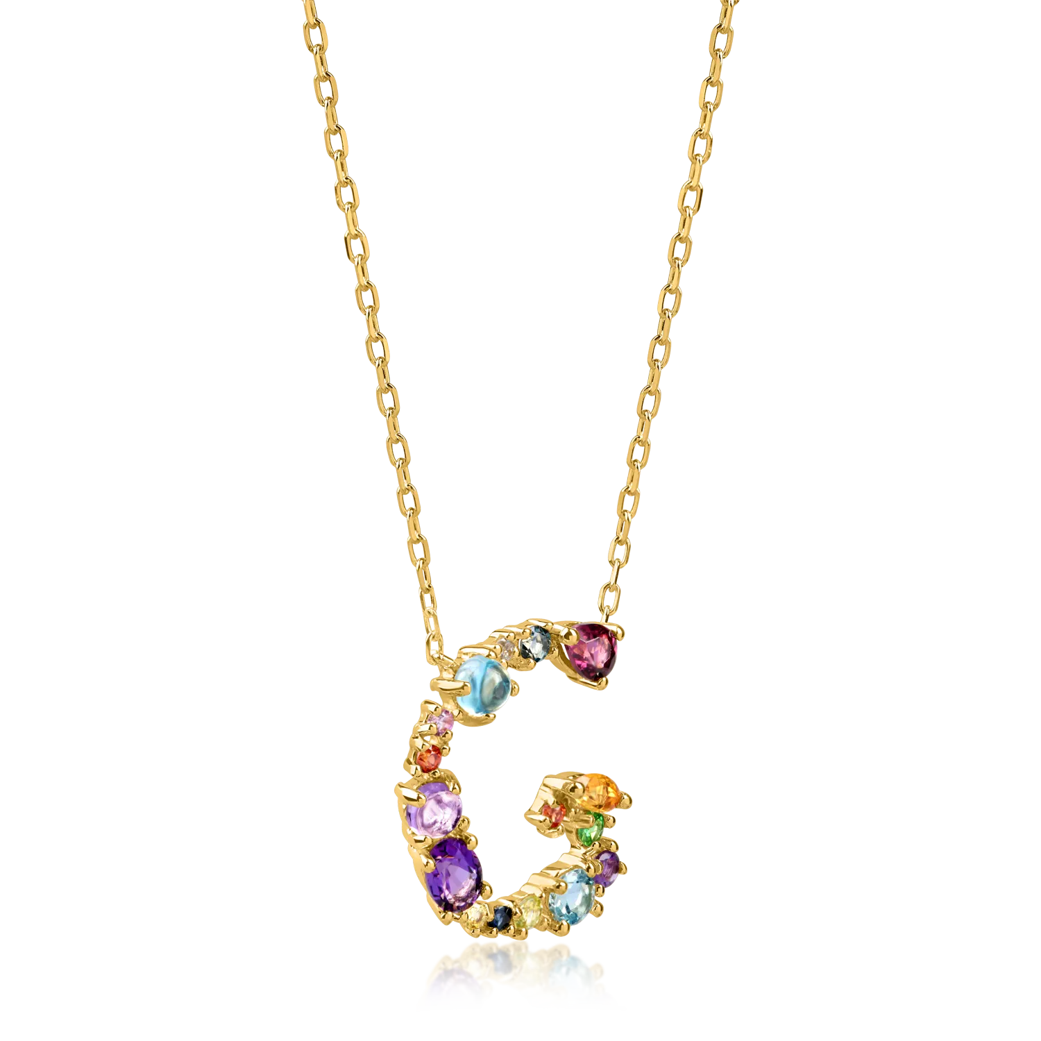 Yellow gold initial G pendant necklace with 1.2ct precious and semi-precious stones