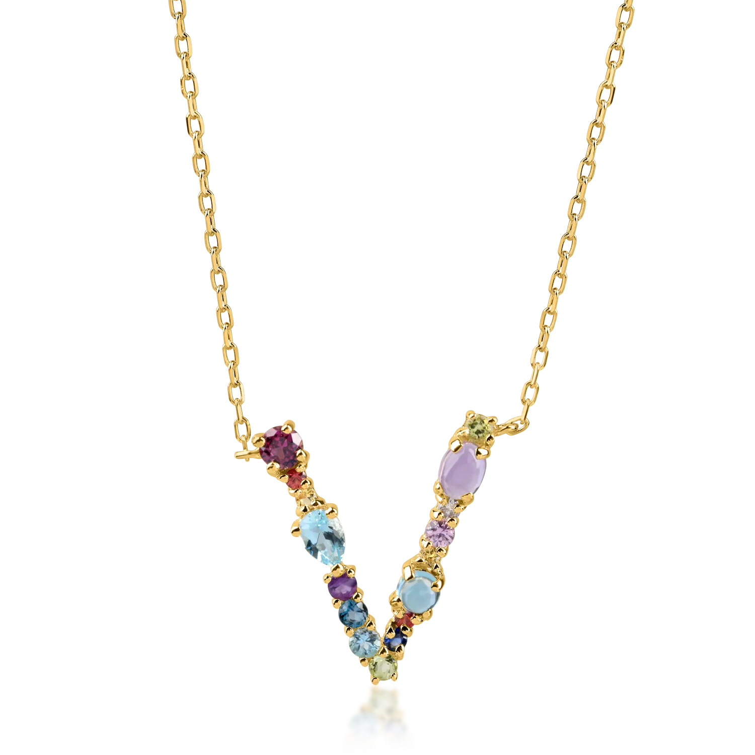 Yellow gold initial V pendant necklace with 1.1ct precious and semi-precious stones