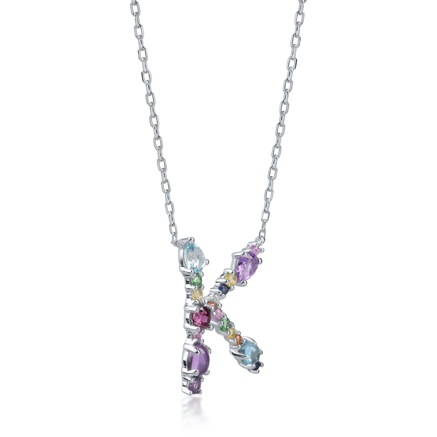 White gold initial K pendant necklace with 2.2ct precious and semi-precious stones