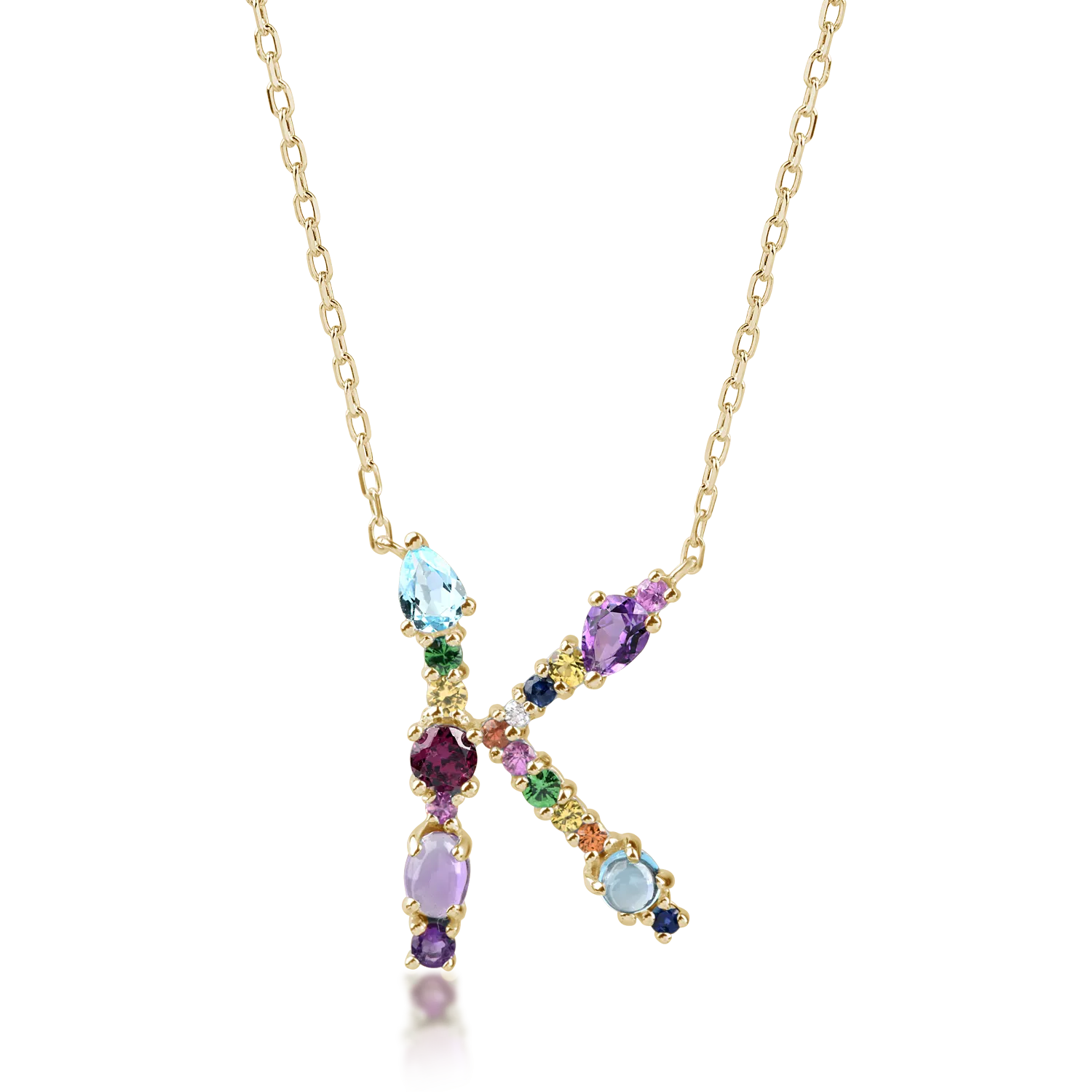 Yellow gold initial K pendant necklace with 2.2ct precious and semi-precious stones-194131