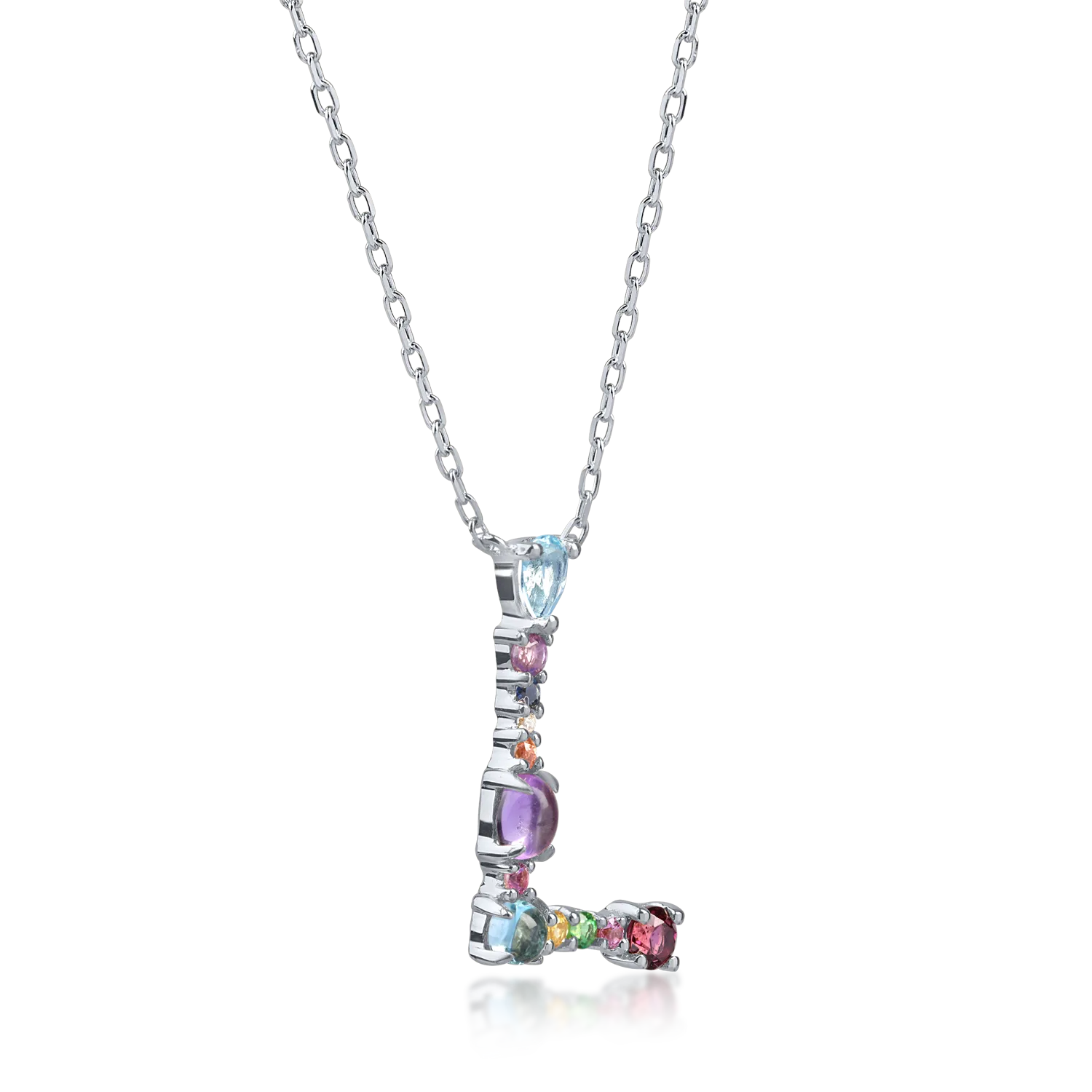 Lant cu pandantiv initiala L din aur alb cu pietre pretioase si semipretioase de 0.9ct