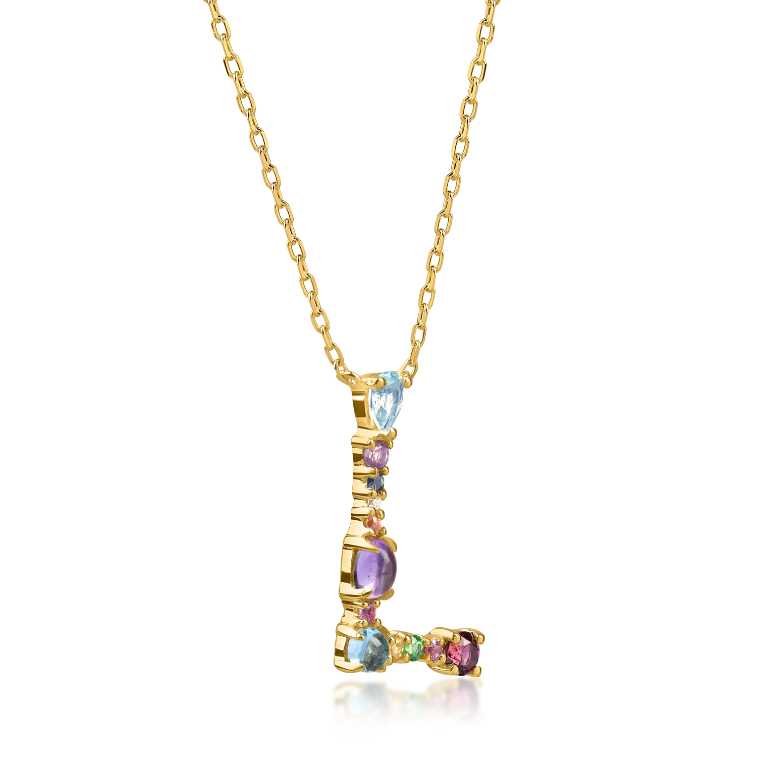 Yellow gold initial L pendant necklace with 0.9ct precious and semi-precious stones