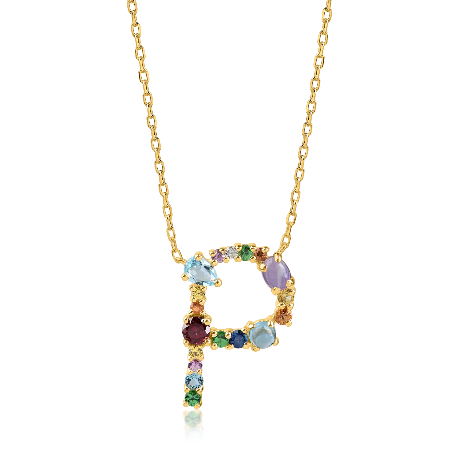 Yellow gold initial P pendant necklace with 1.09ct precious and semi-precious stones-194139