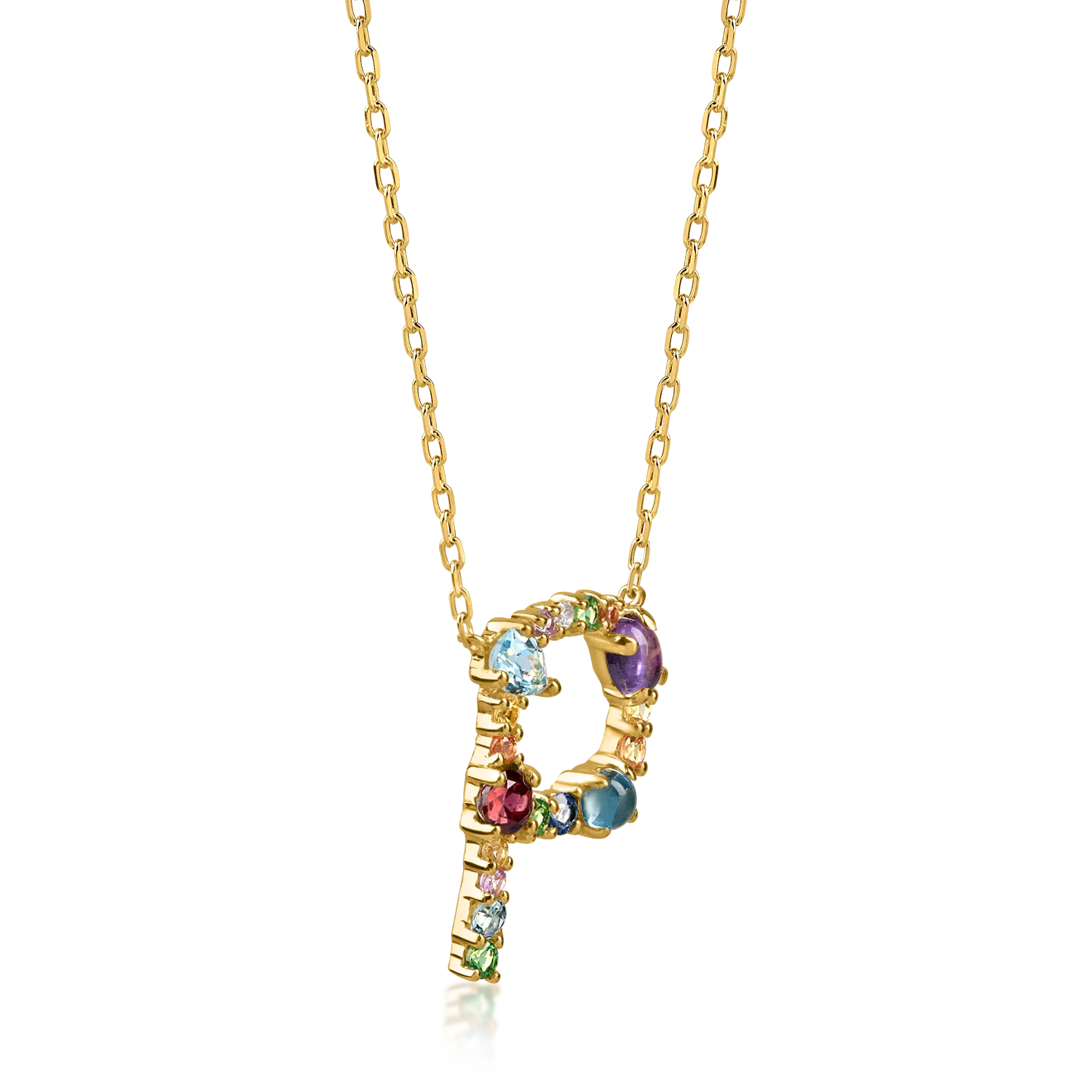 Yellow gold initial P pendant necklace with 1.09ct precious and semi-precious stones