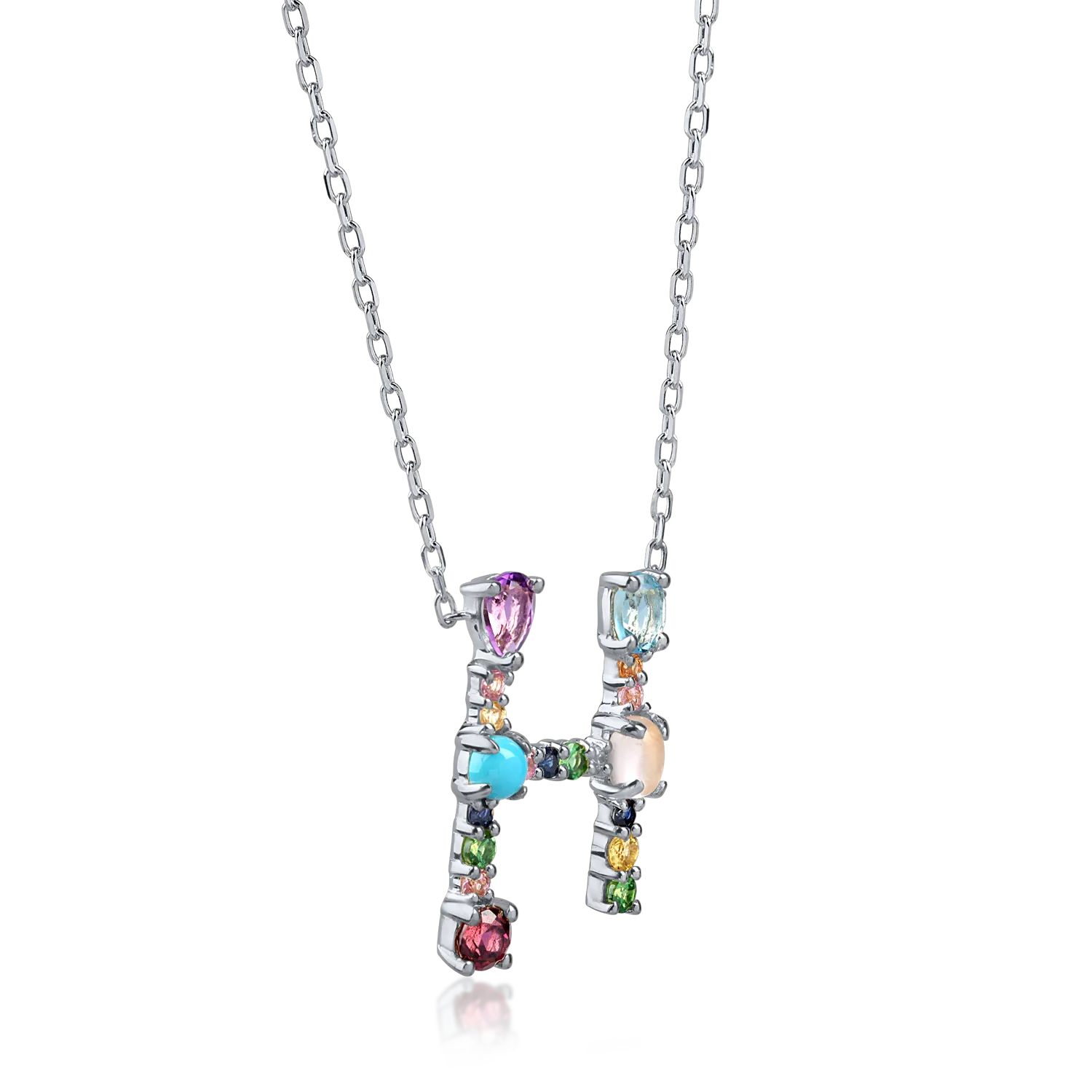 White gold initial H pendant necklace with 0.9ct precious and semi-precious stones