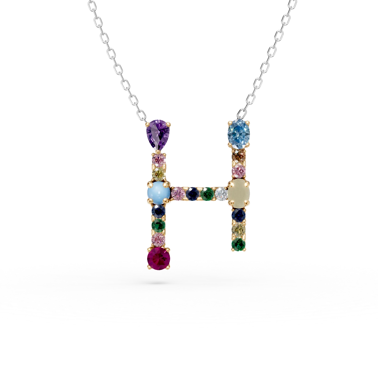Teilor Lant cu pandantiv initiala H din aur alb cu pietre pretioase si semipretioase de 0.9ct