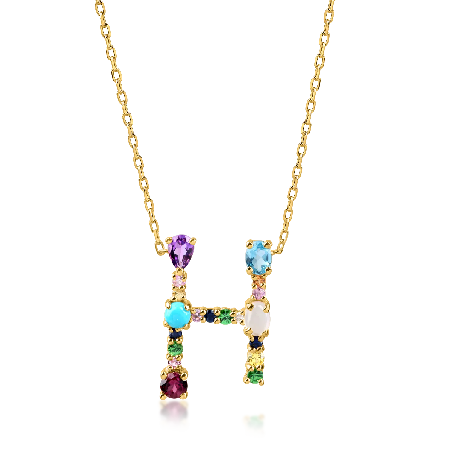 Yellow gold initial H pendant necklace with 0.9ct precious and semi-precious stones-194141