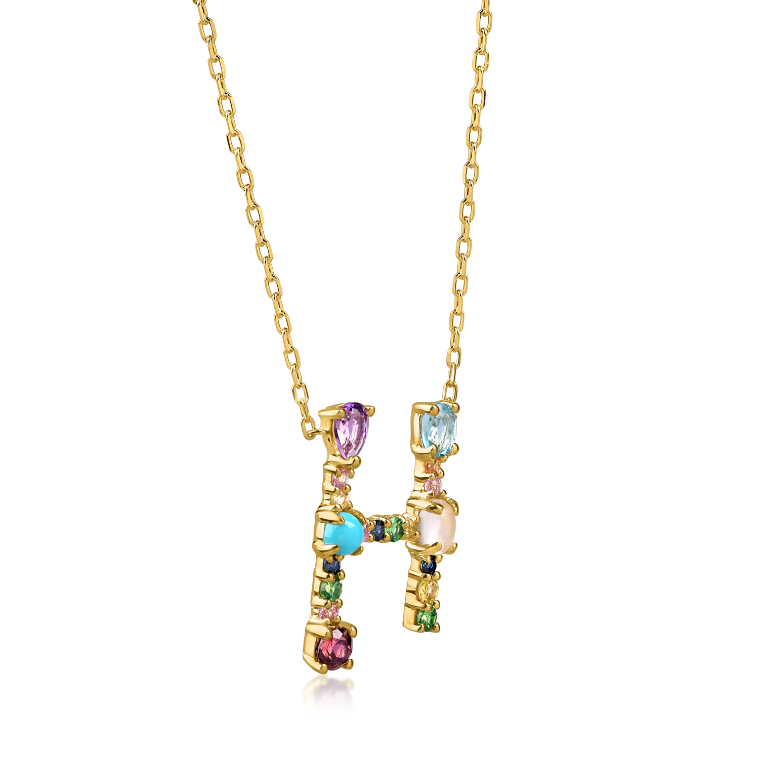 Yellow gold initial H pendant necklace with 0.9ct precious and semi-precious stones