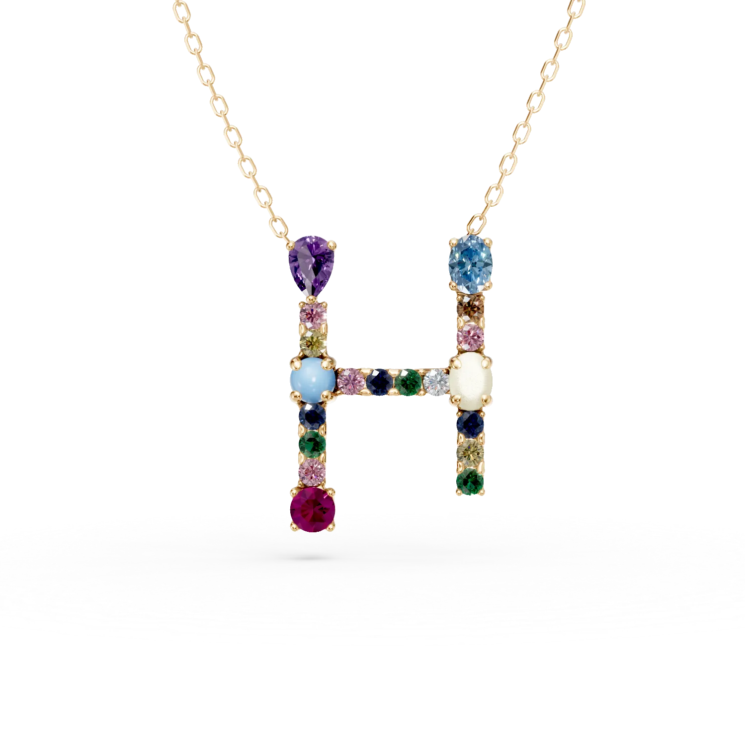 Lant cu pandantiv initiala H din aur galben cu pietre pretioase si semipretioase de 0.9ct