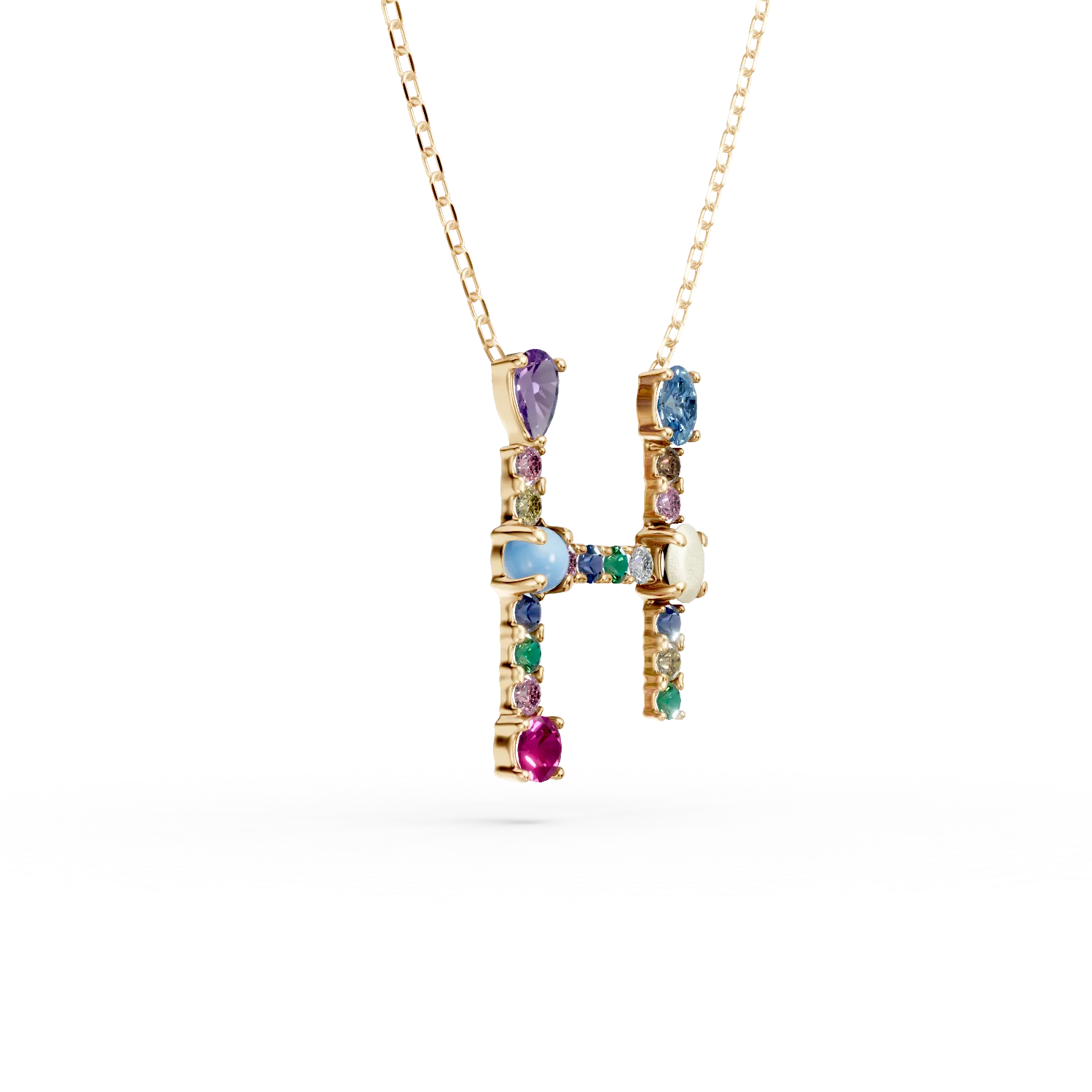 Lant cu pandantiv initiala H din aur galben cu pietre pretioase si semipretioase de 0.9ct-194141