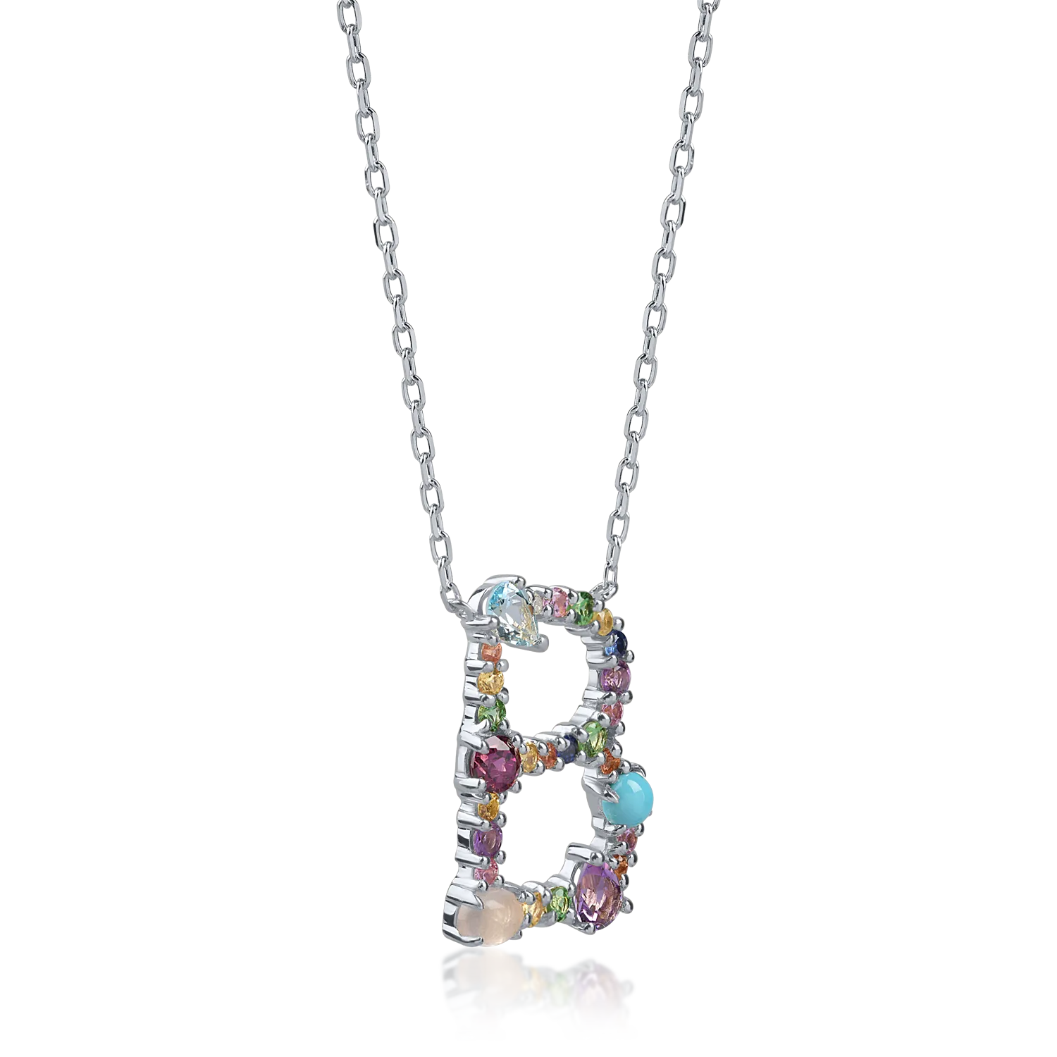 White gold initial B pendant necklace with 1.3ct precious and semi-precious stones