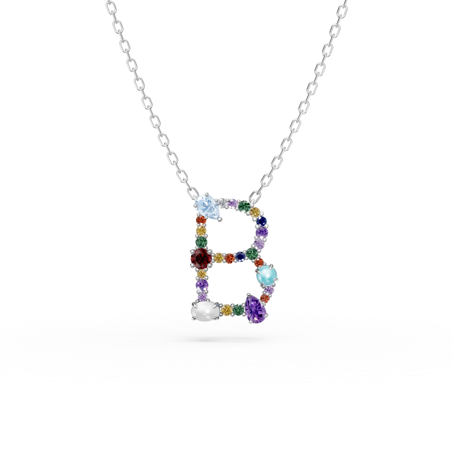 Lant cu pandantiv initiala B din aur alb cu pietre pretioase si semipretioase de 1.3ct