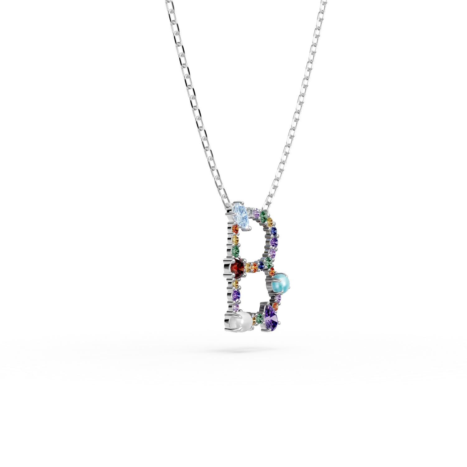 Naszyjnik z białego złota z zawieszką z literą B z 1.3ct kamieni szlachetnych i półszlachetnych